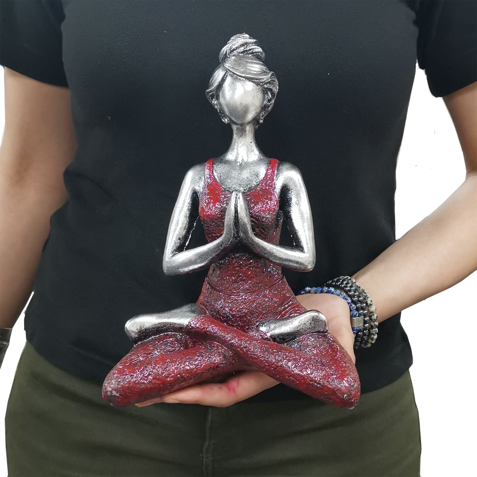 Yoga Lady Figurine 24cm – Silver & Bordeaux Yoga Pose – Handmade Decorative Resin Ornament