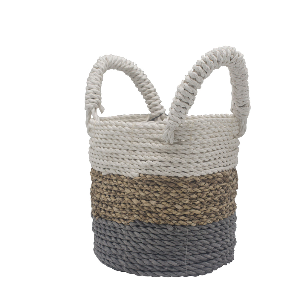 Set of 3 Round Seagrass Baskets – Grey, Natural & White – Woven Storage Baskets