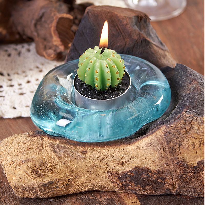Handmade Molten Glass Candle Holder on Natural Wood – Unique Home Decor UK