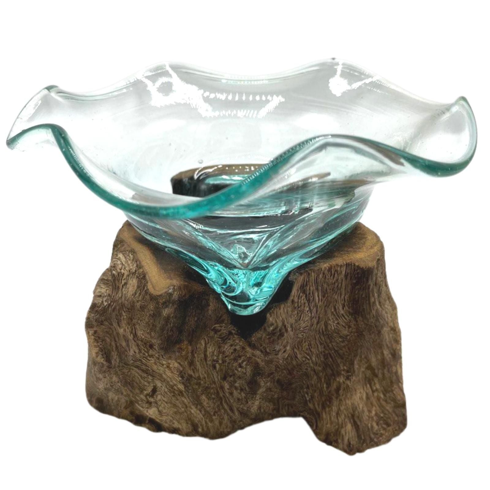 Handmade Molten Glass Bowl on Natural Wood – Unique Home Decor UK