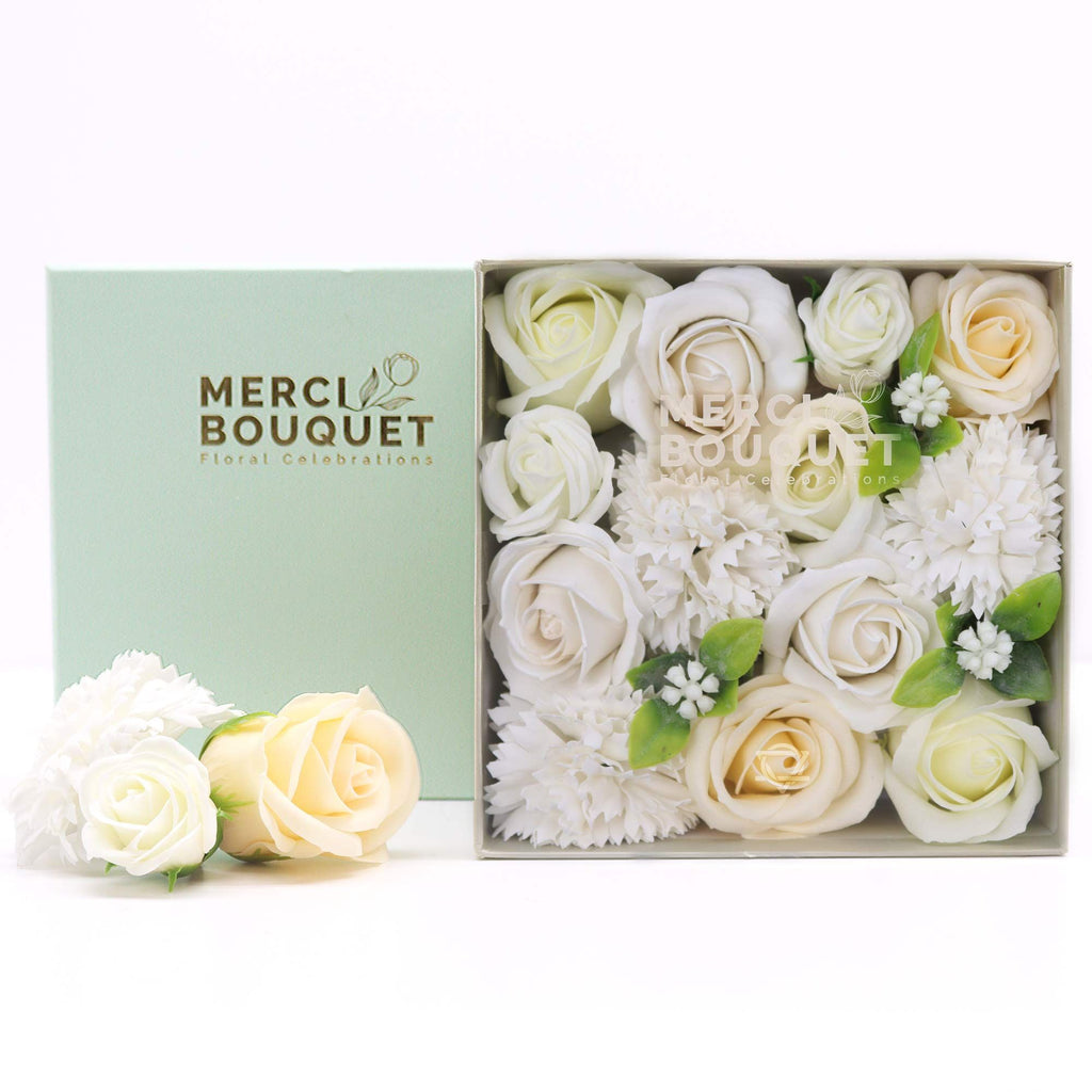 Soap Flower Gift Box (Square Box) - Wedding Blessings - White & Ivory