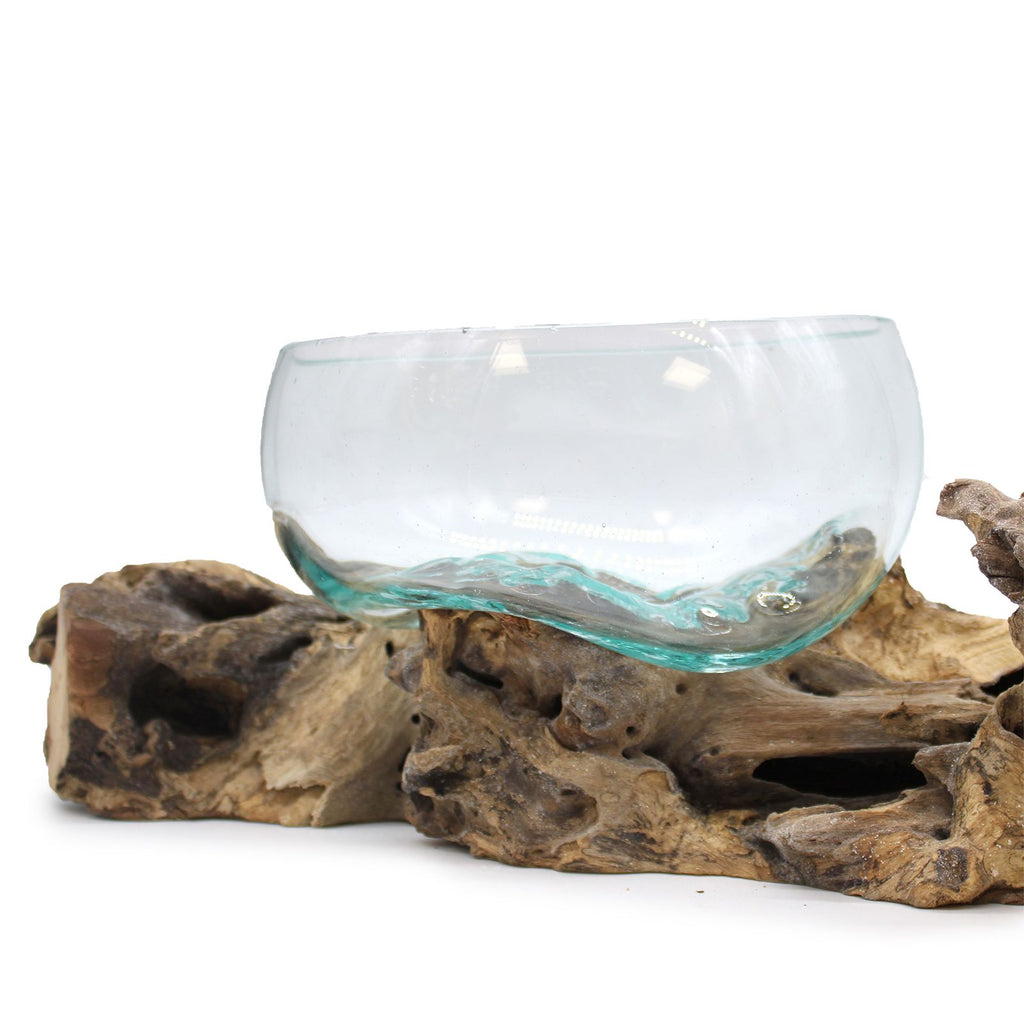 Handmade Molten Glass Stand on Natural Wood – Unique Home Decor UK