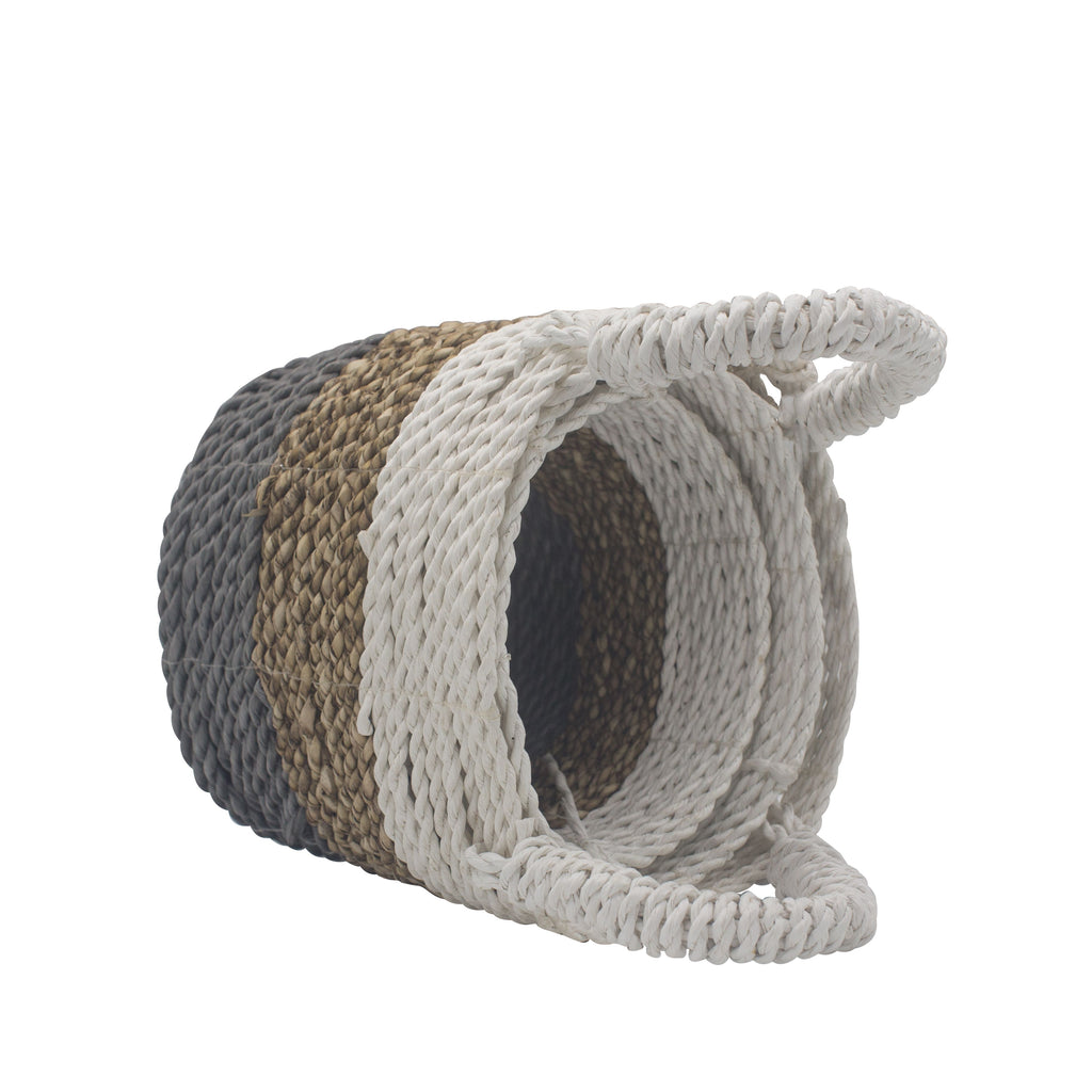 Set of 3 Round Seagrass Baskets – Grey, Natural & White – Woven Storage Baskets