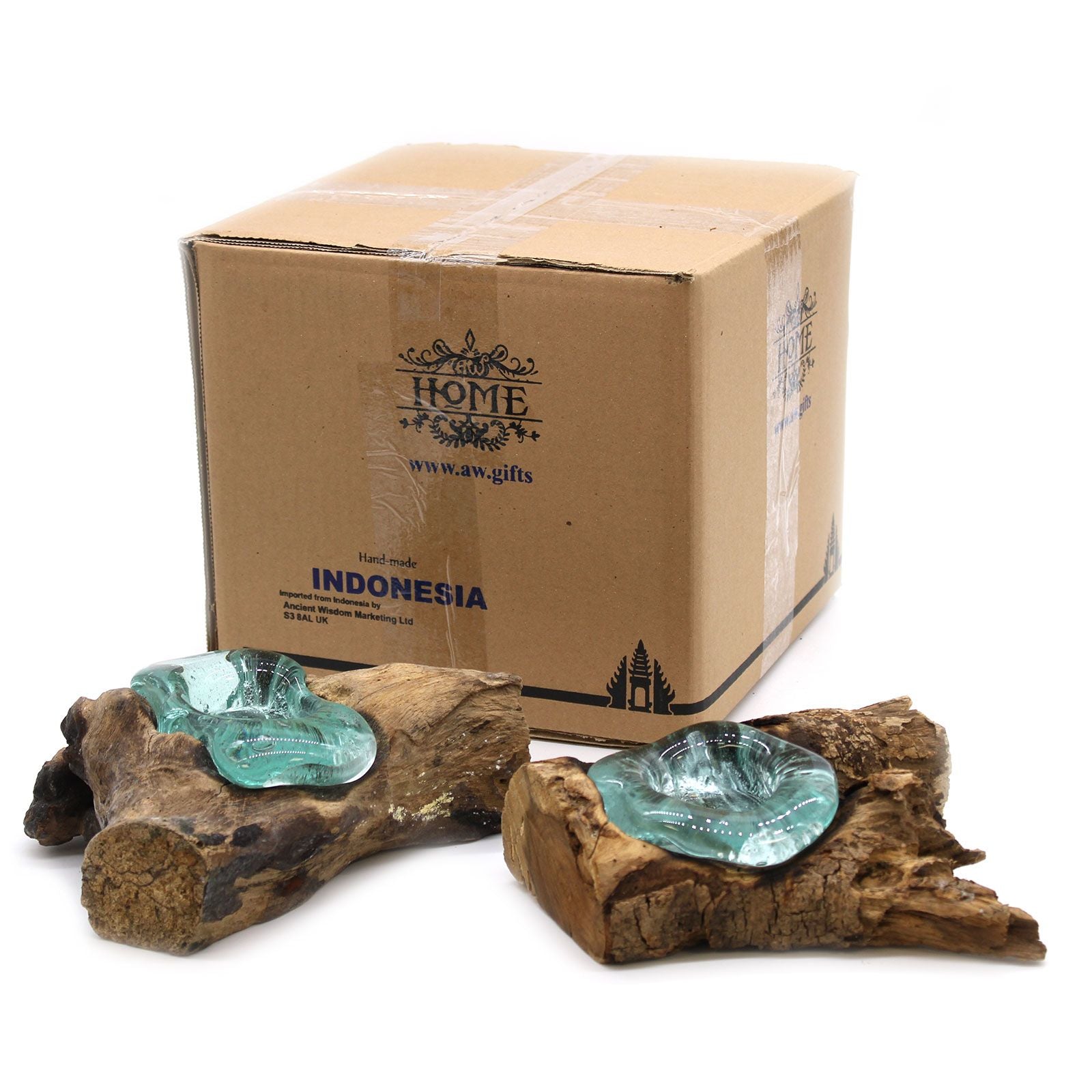 Handmade Molten Glass Candle Holder on Natural Wood – Unique Home Decor UK