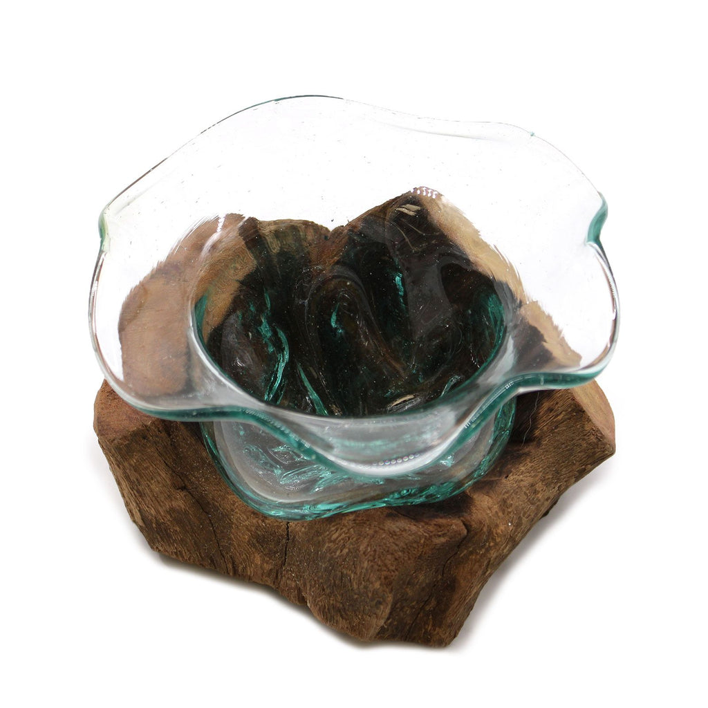 Handmade Molten Glass Bowl on Natural Wood – Unique Home Decor UK