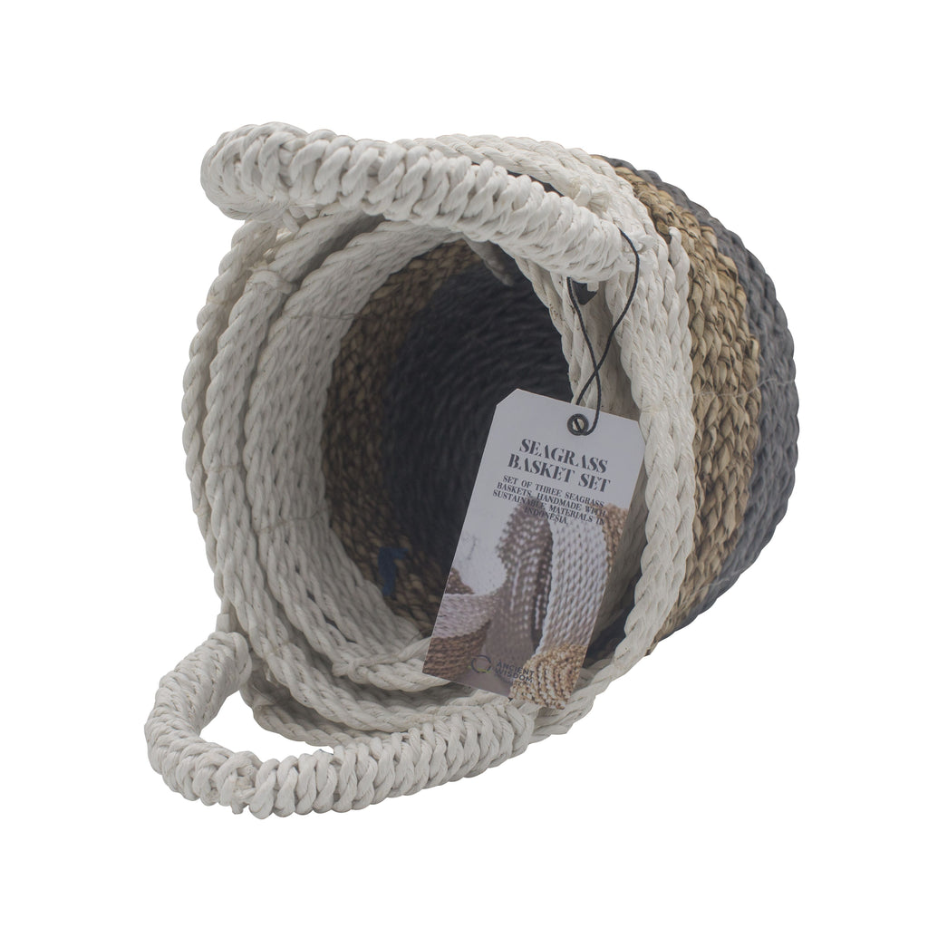 Set of 3 Round Seagrass Baskets – Grey, Natural & White – Woven Storage Baskets