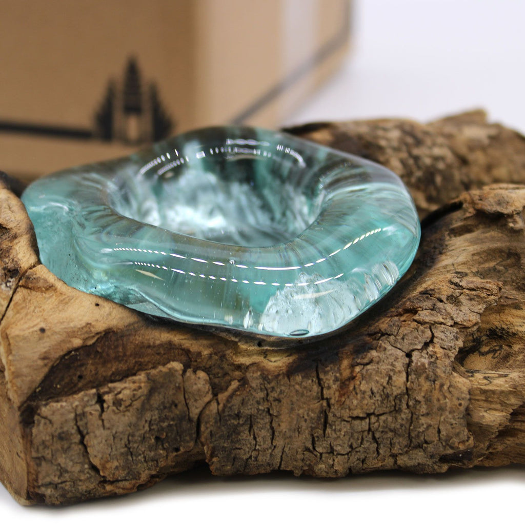 Handmade Molten Glass Candle Holder on Natural Wood – Unique Home Decor UK