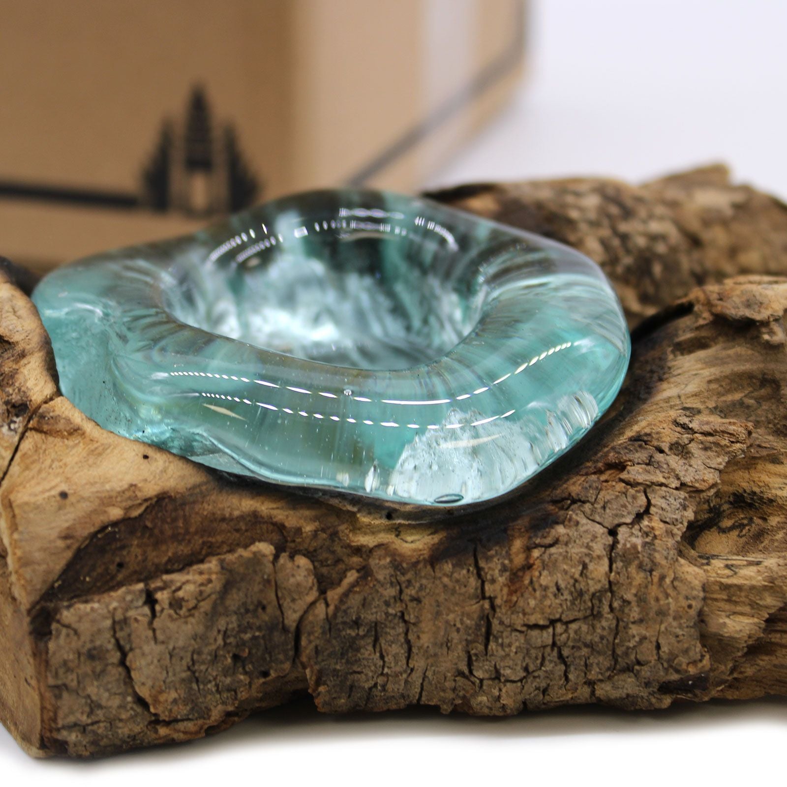 Handmade Molten Glass Candle Holder on Natural Wood – Unique Home Decor UK