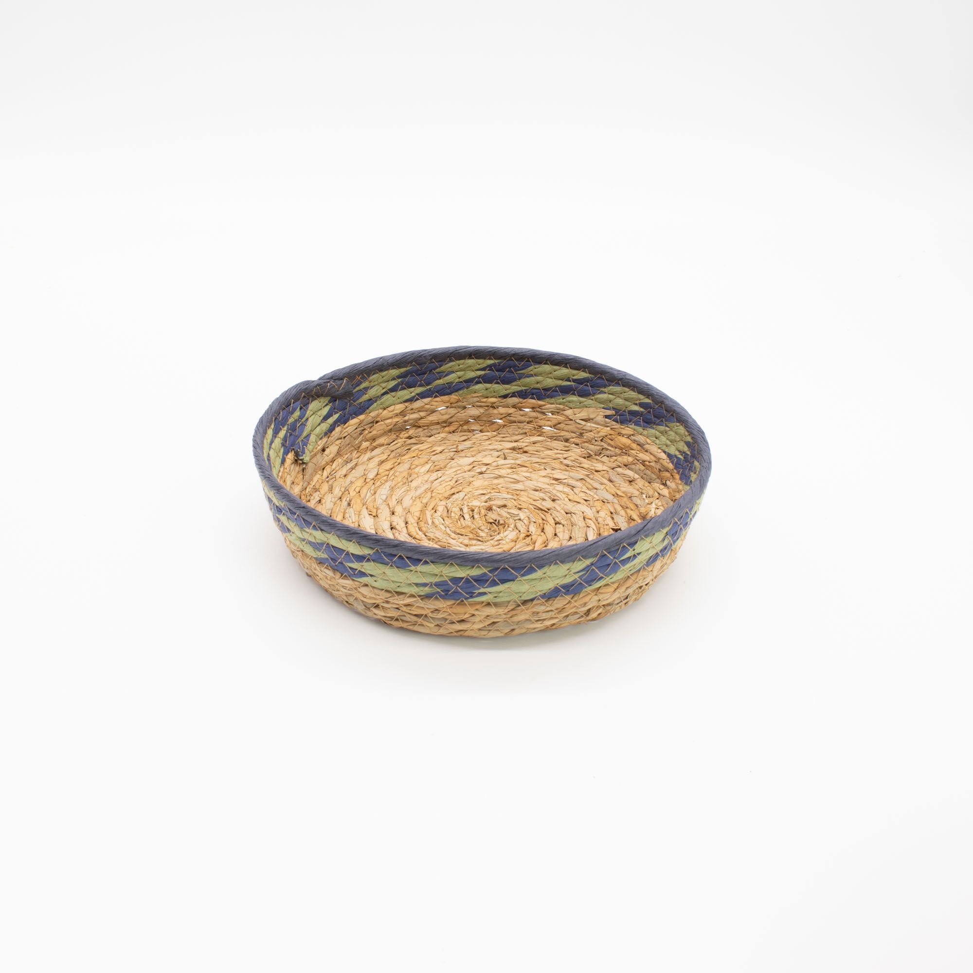Set of 3 Round Straw & Seagrass Tray Baskets – Natural, Green & Blue – Woven Storage Trays (24-34cm)