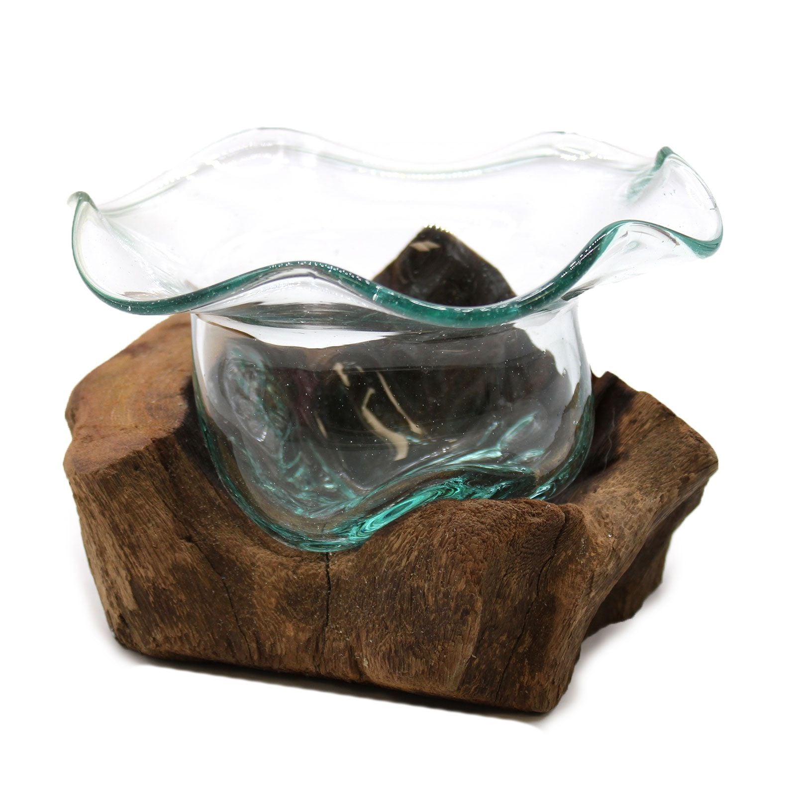 Handmade Molten Glass Bowl on Natural Wood – Unique Home Decor UK