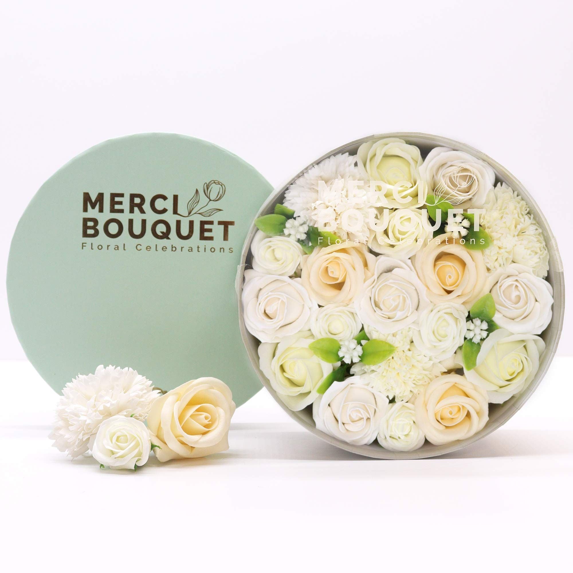 Soap Flower Gift Box (Round Box) - Wedding Blessings - White & Ivory