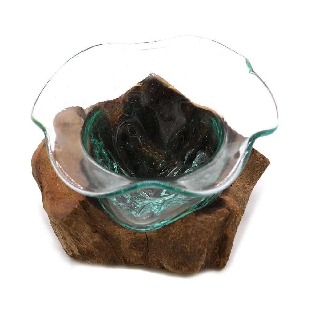 Handmade Molten Glass Bowl on Natural Wood – Unique Home Decor UK