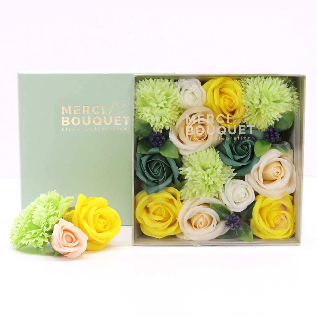 Soap Flower Gift Box (Square Box) - Spring Celibrations - Yellow & Greens