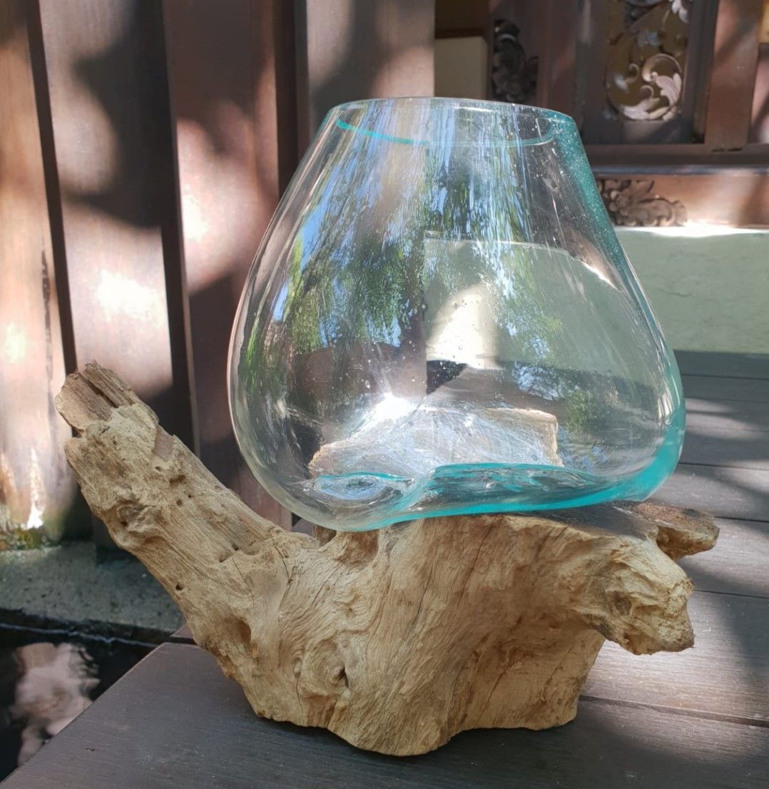 Handmade Molten Glass Bowl on Natural Wood – Unique Home Decor UK