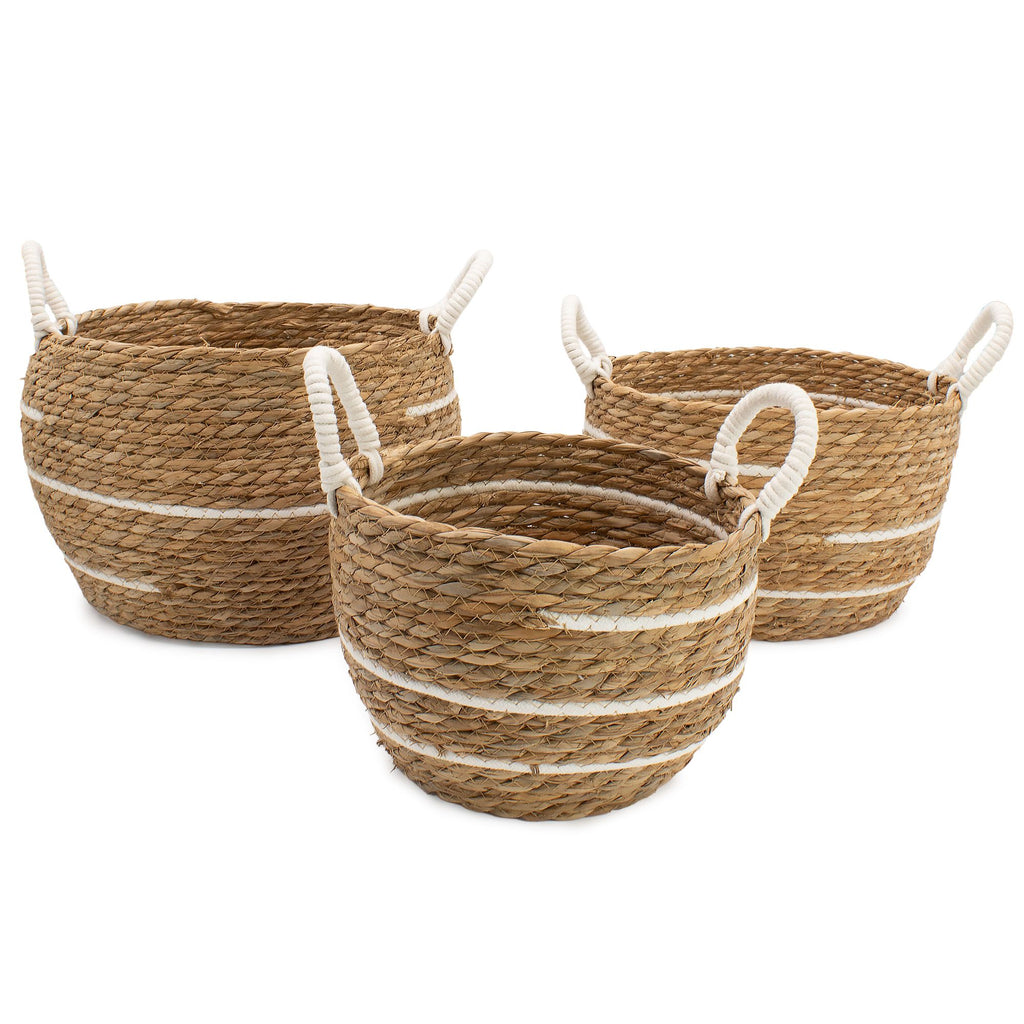 Set of 3 Large Cotton & Seagrass Baskets – Natural Stripes – Woven Storage Baskets (24-32cm)