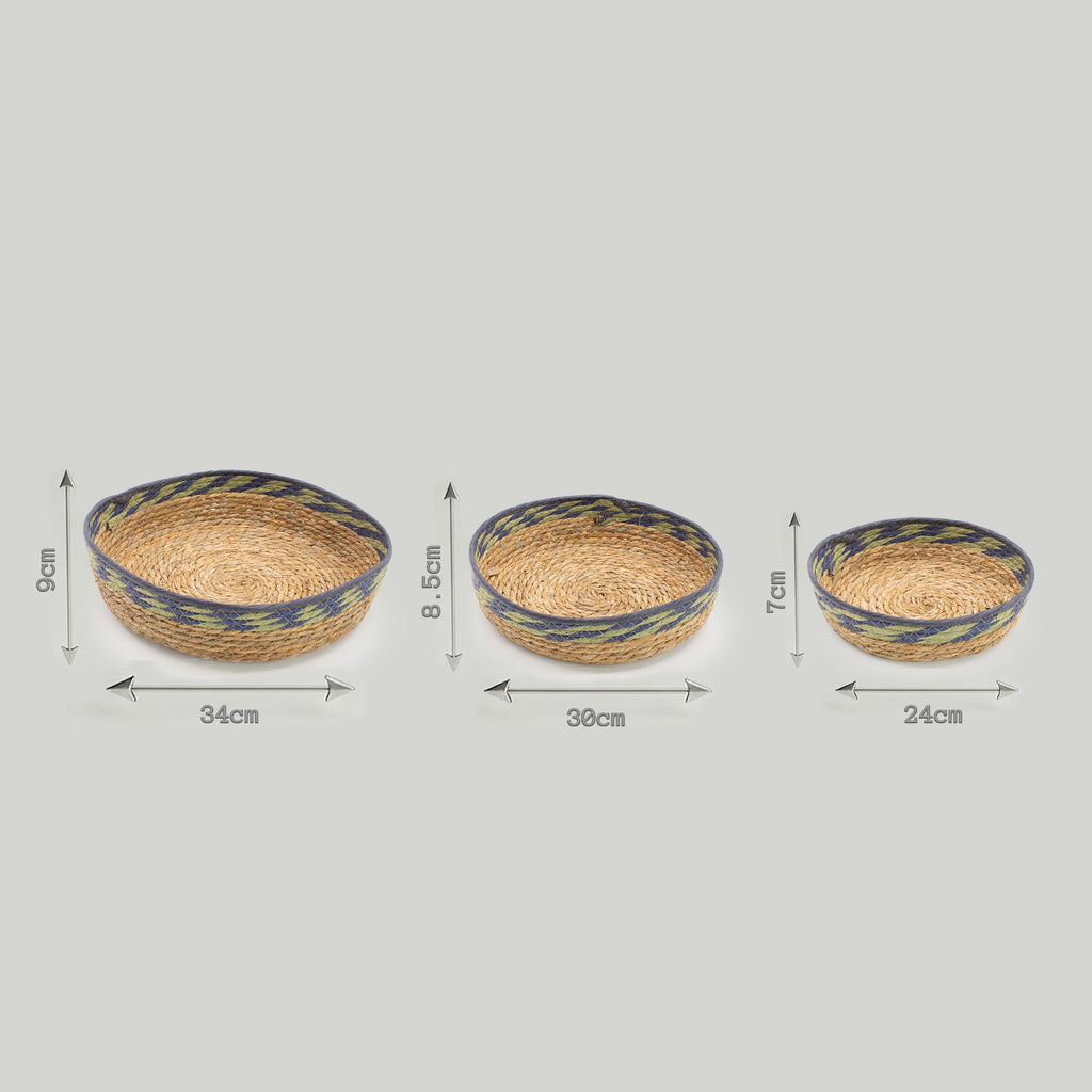 Set of 3 Round Straw & Seagrass Tray Baskets – Natural, Green & Blue – Woven Storage Trays (24-34cm)