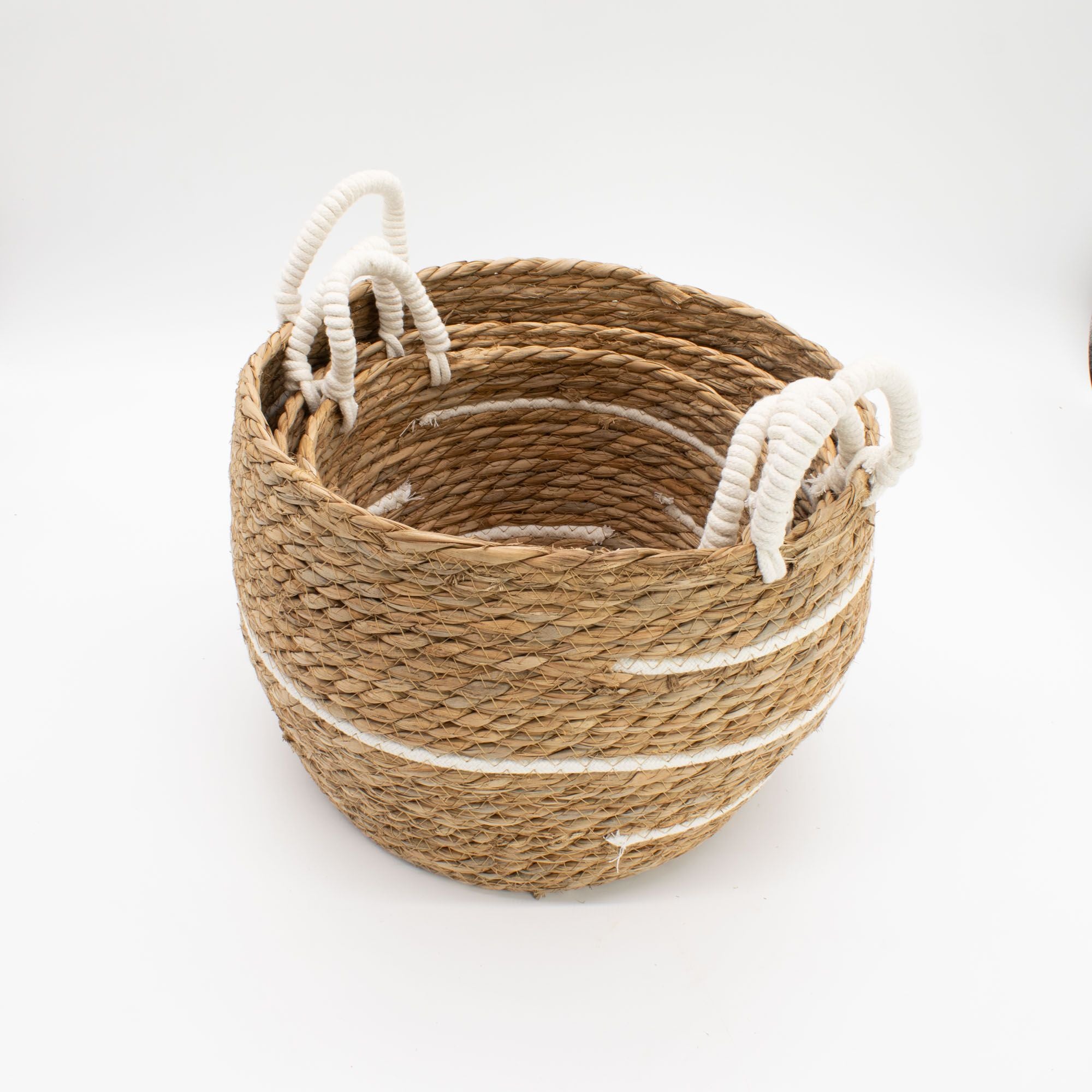 Set of 3 Large Cotton & Seagrass Baskets – Natural Stripes – Woven Storage Baskets (24-32cm)