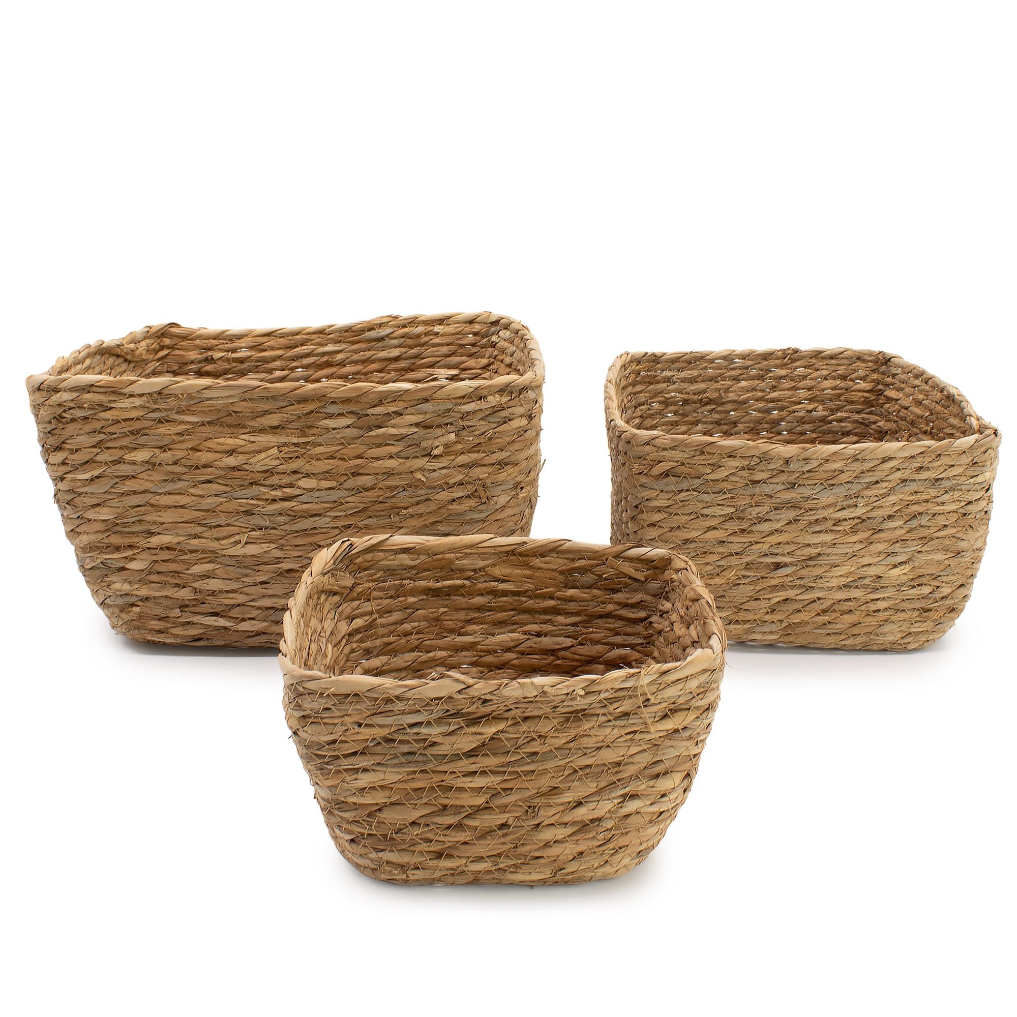Set of 3 Square Seagrass Baskets – Natural Woven Storage Baskets – Handmade Home Organisers (20-33cm)