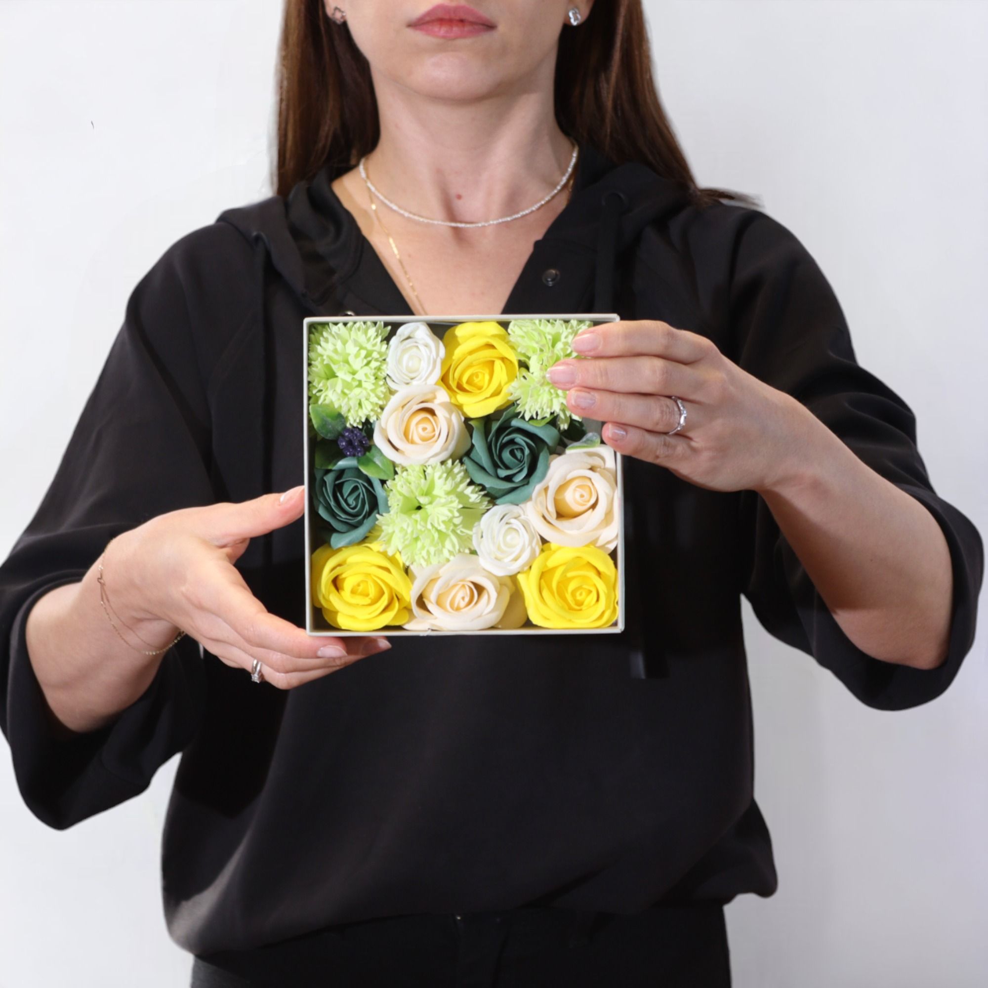 Soap Flower Gift Box (Square Box) - Spring Celibrations - Yellow & Greens