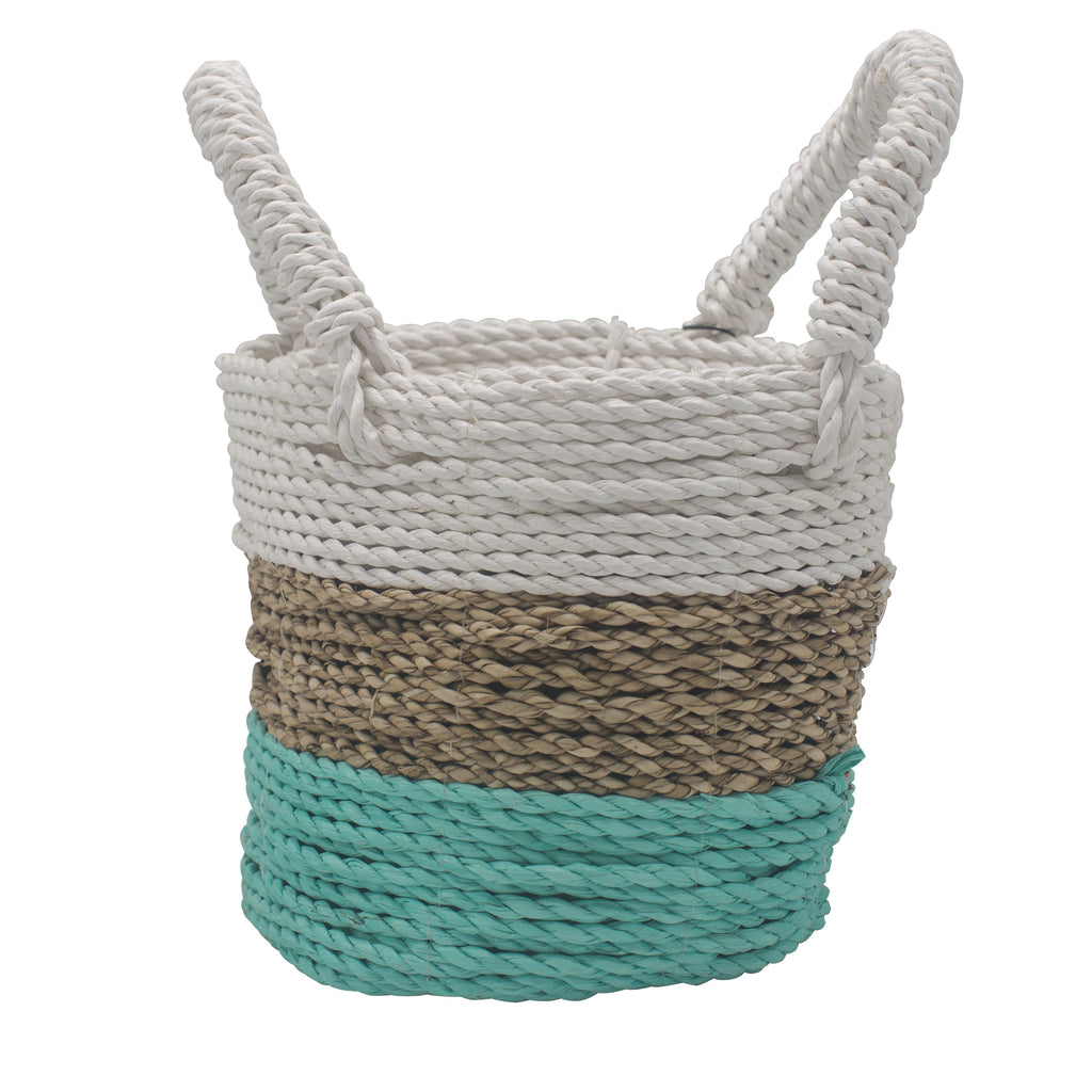 Set of 3 Round Seagrass Baskets – Green, Natural & White – Woven Storage Baskets