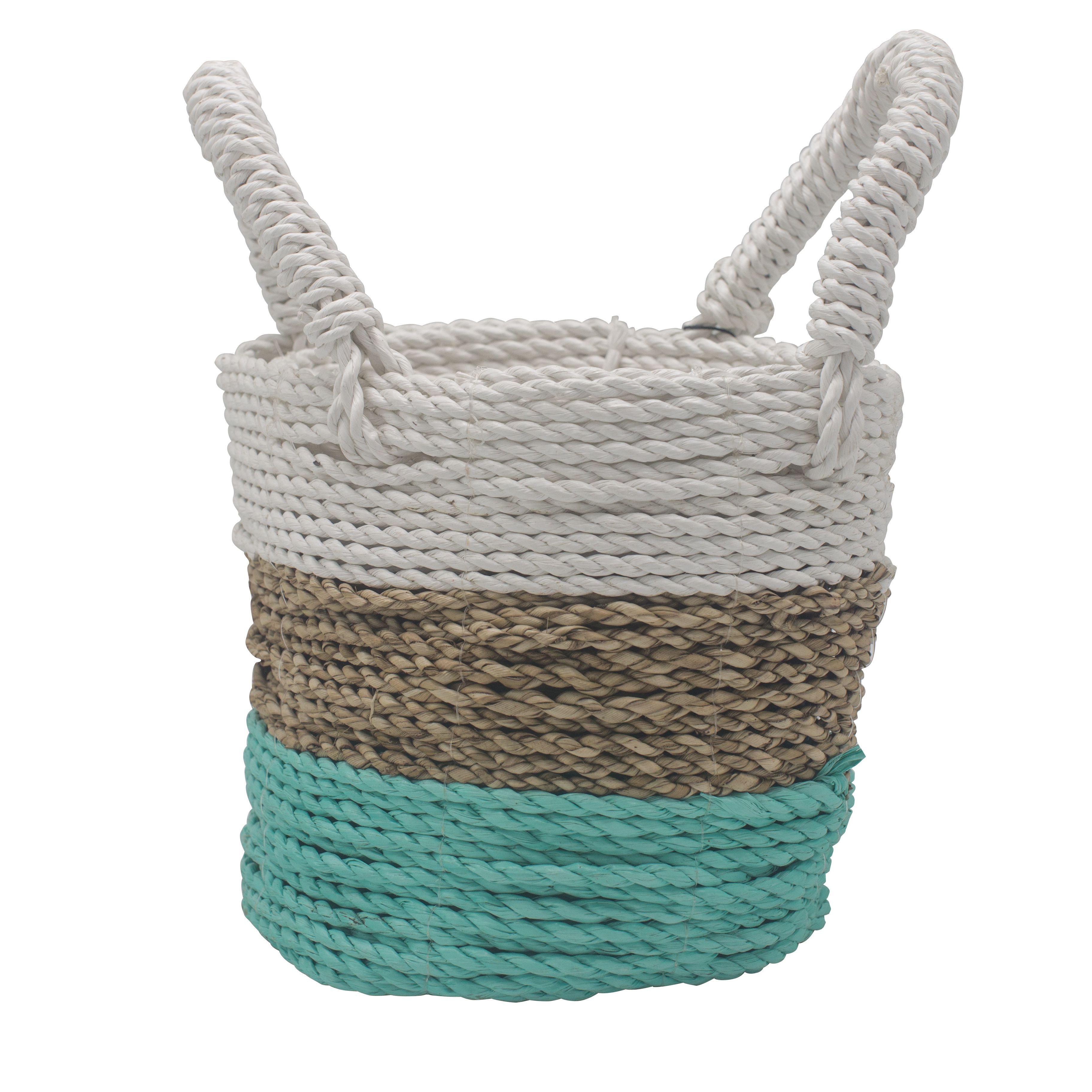 Set of 3 Round Seagrass Baskets – Green, Natural & White – Woven Storage Baskets