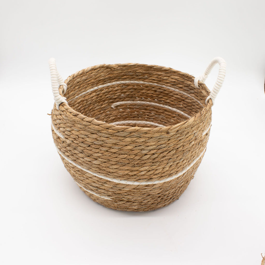Set of 3 Large Cotton & Seagrass Baskets – Natural Stripes – Woven Storage Baskets (24-32cm)