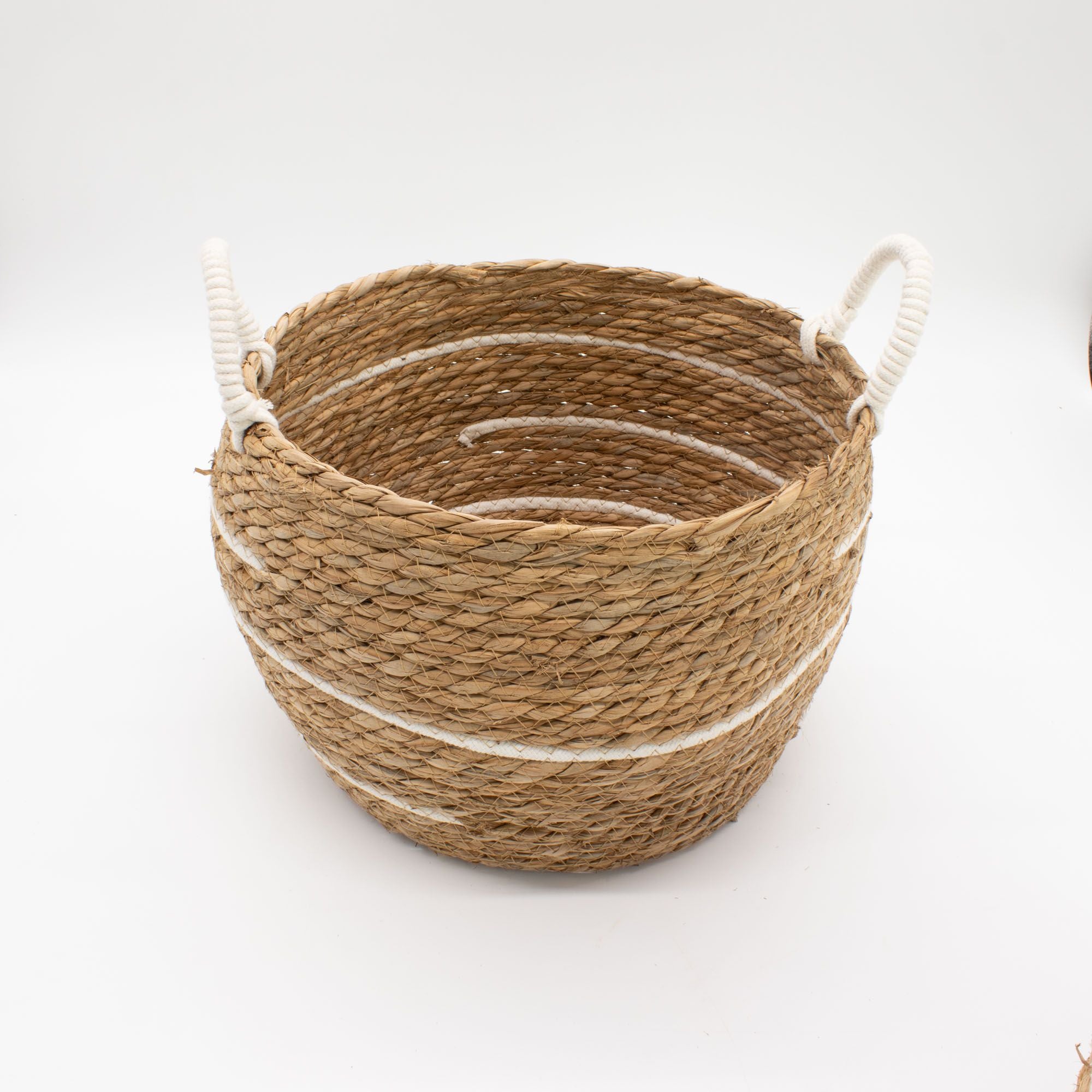 Set of 3 Large Cotton & Seagrass Baskets – Natural Stripes – Woven Storage Baskets (24-32cm)