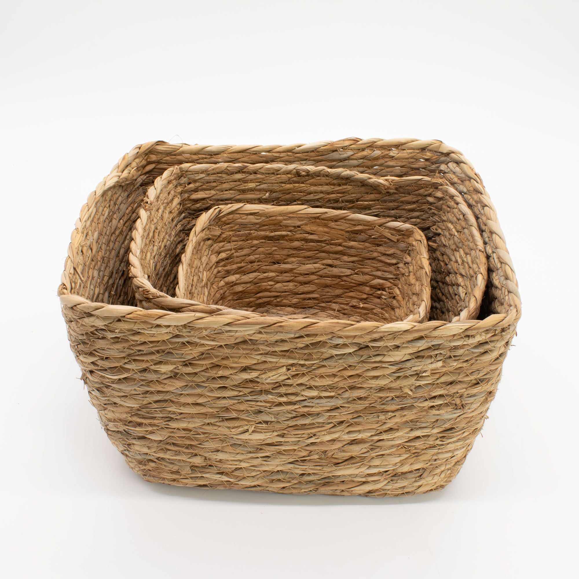 Set of 3 Square Seagrass Baskets – Natural Woven Storage Baskets – Handmade Home Organisers (20-33cm)