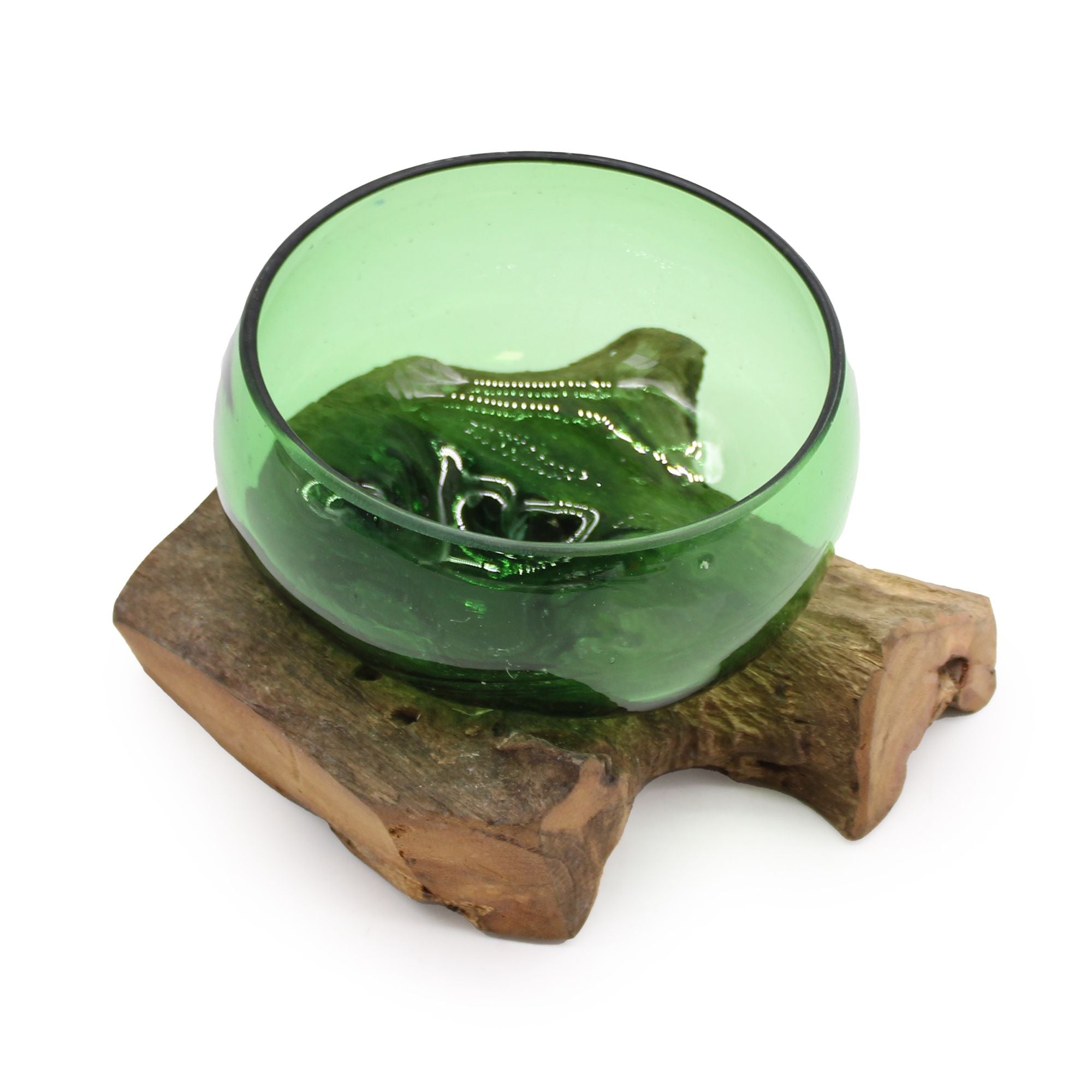 Handmade Recycled Beer Bottle Glass Bowl on Wood – Eco-Friendly Home Décor UK