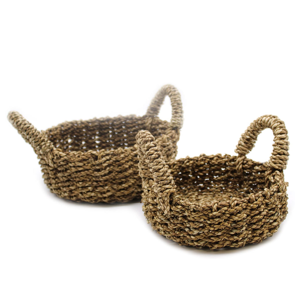 Set of 2 Natural Seagrass Baskets – Handmade Woven Storage Baskets – Round Home Organisers