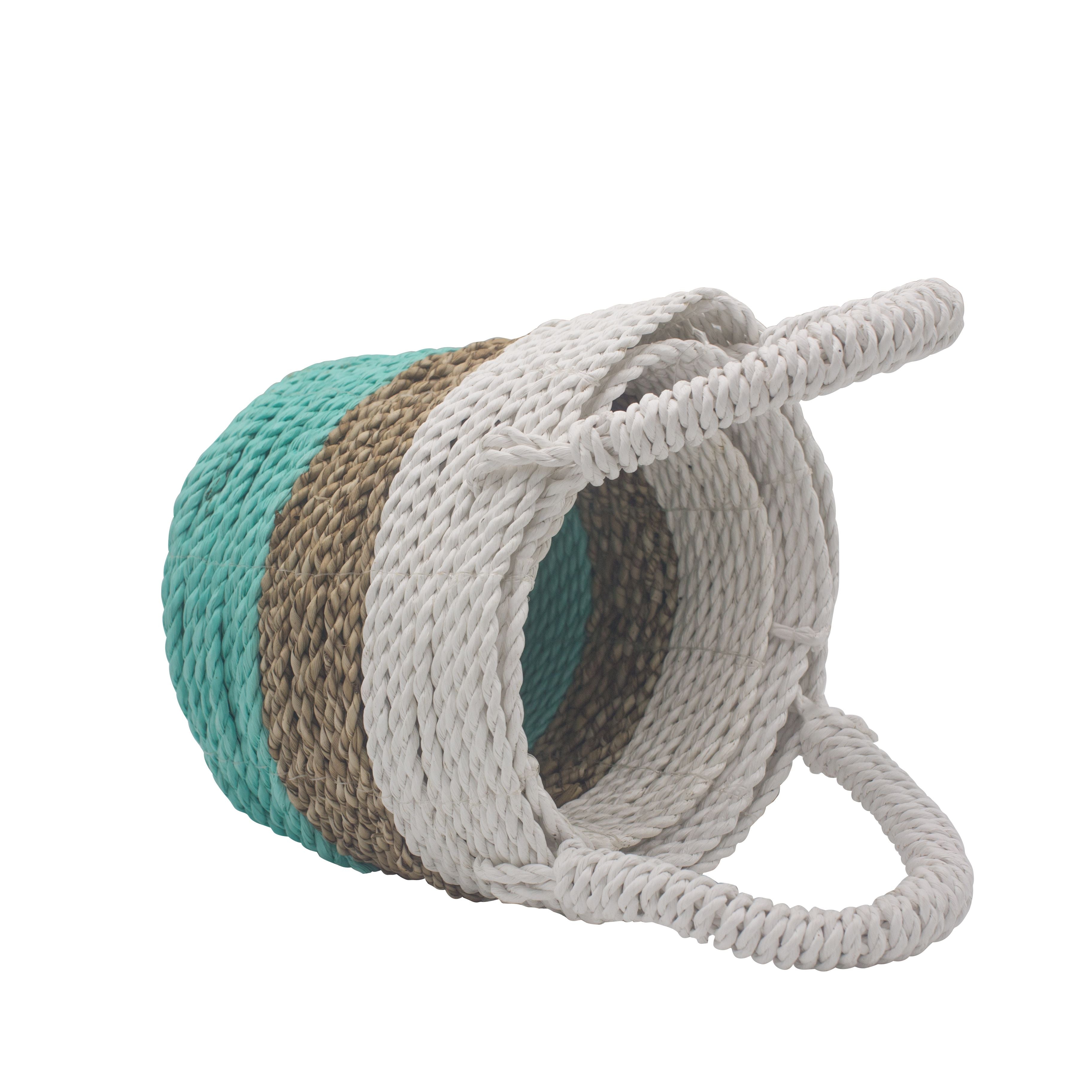 Set of 3 Round Seagrass Baskets – Green, Natural & White – Woven Storage Baskets