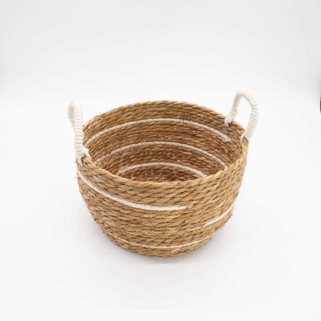 Set of 3 Large Cotton & Seagrass Baskets – Natural Stripes – Woven Storage Baskets (24-32cm)