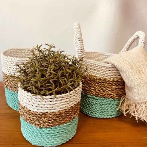 Set of 3 Round Seagrass Baskets – Green, Natural & White – Woven Storage Baskets
