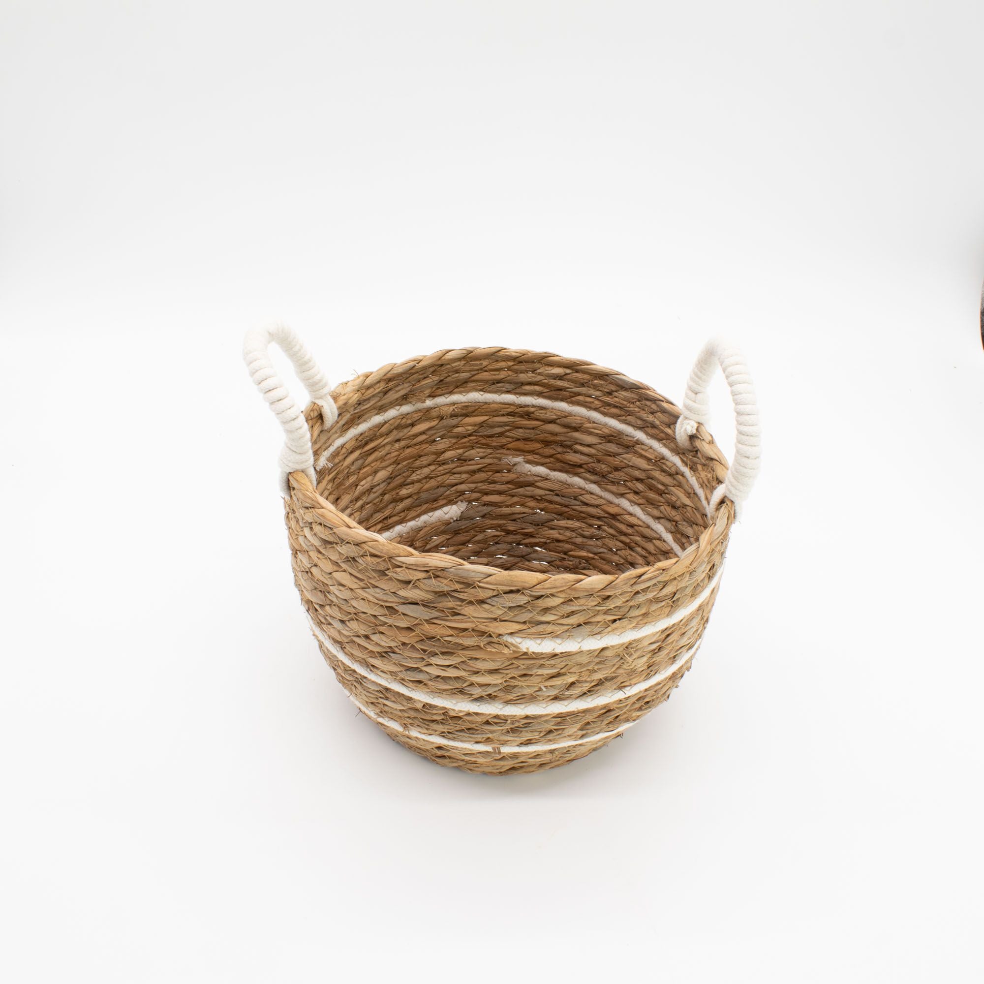 Set of 3 Large Cotton & Seagrass Baskets – Natural Stripes – Woven Storage Baskets (24-32cm)