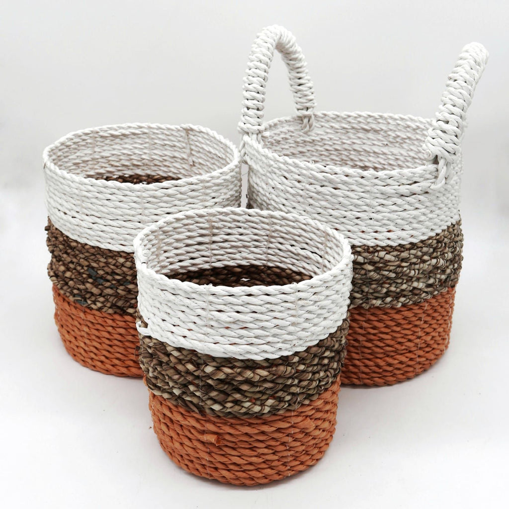 Set of 3 Round Seagrass Baskets – Orange, Natural & White – Woven Storage Baskets