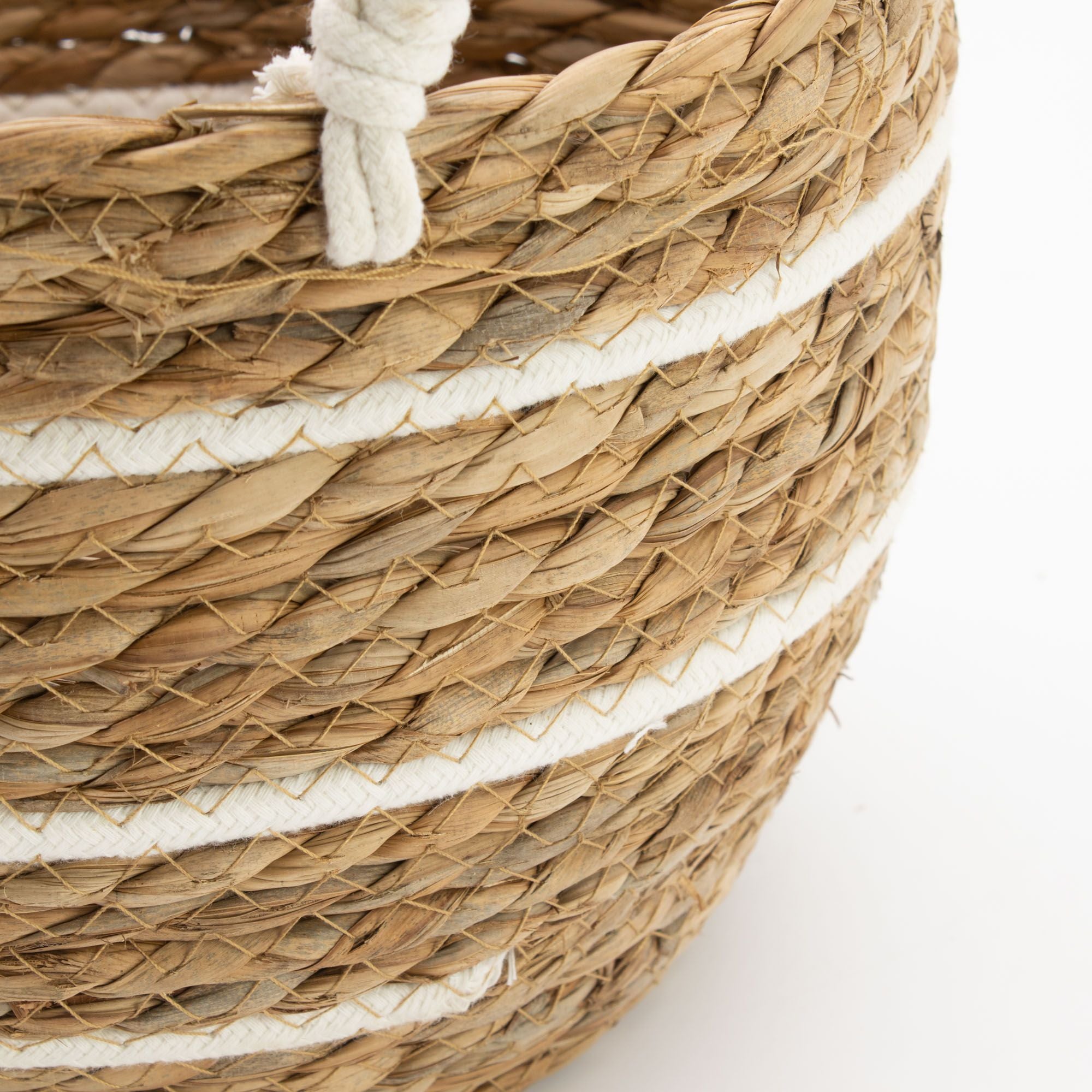 Set of 3 Large Cotton & Seagrass Baskets – Natural Stripes – Woven Storage Baskets (24-32cm)