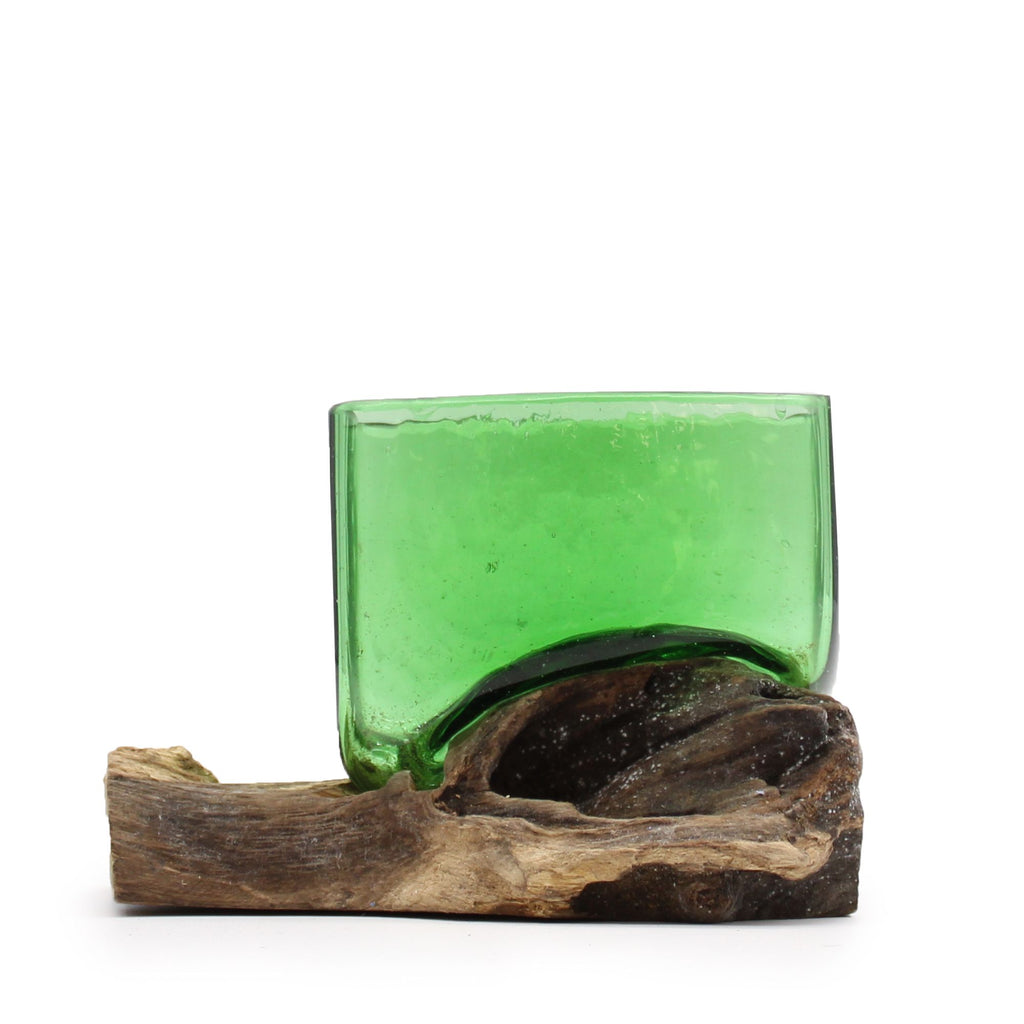 Handmade Recycled Beer Bottle Glass Bowl on Wood – Eco-Friendly Home Décor UK