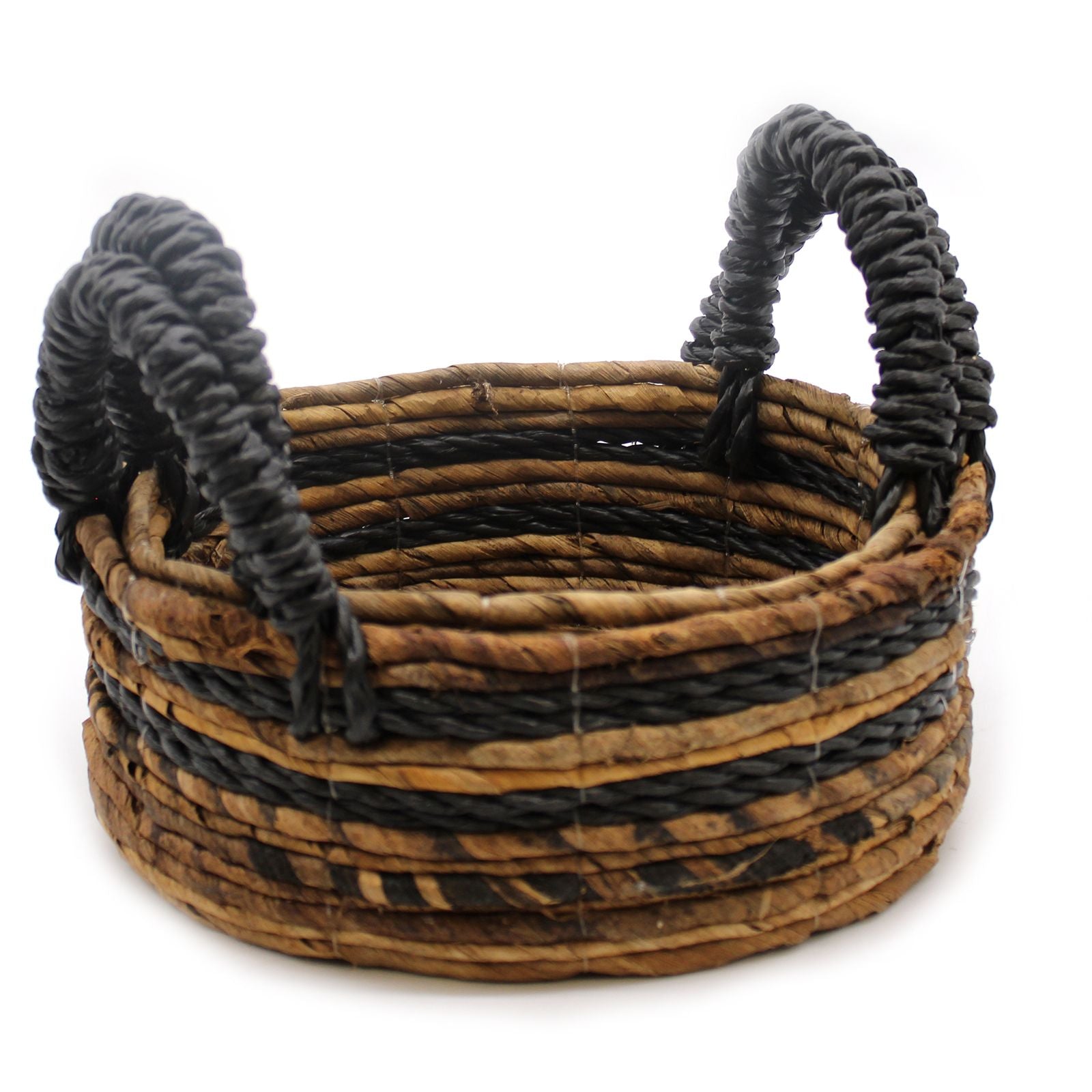 Set of 2 Round Banana Leaf & Black Raffia Baskets – Natural Woven Storage Baskets