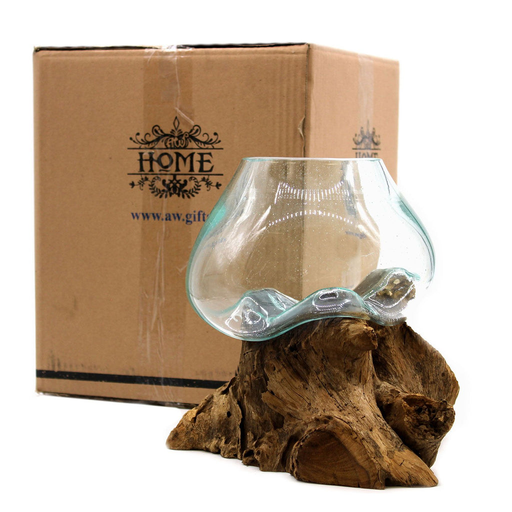 Handmade Molten Glass Bowl on Natural Wood – Unique Home Decor UK