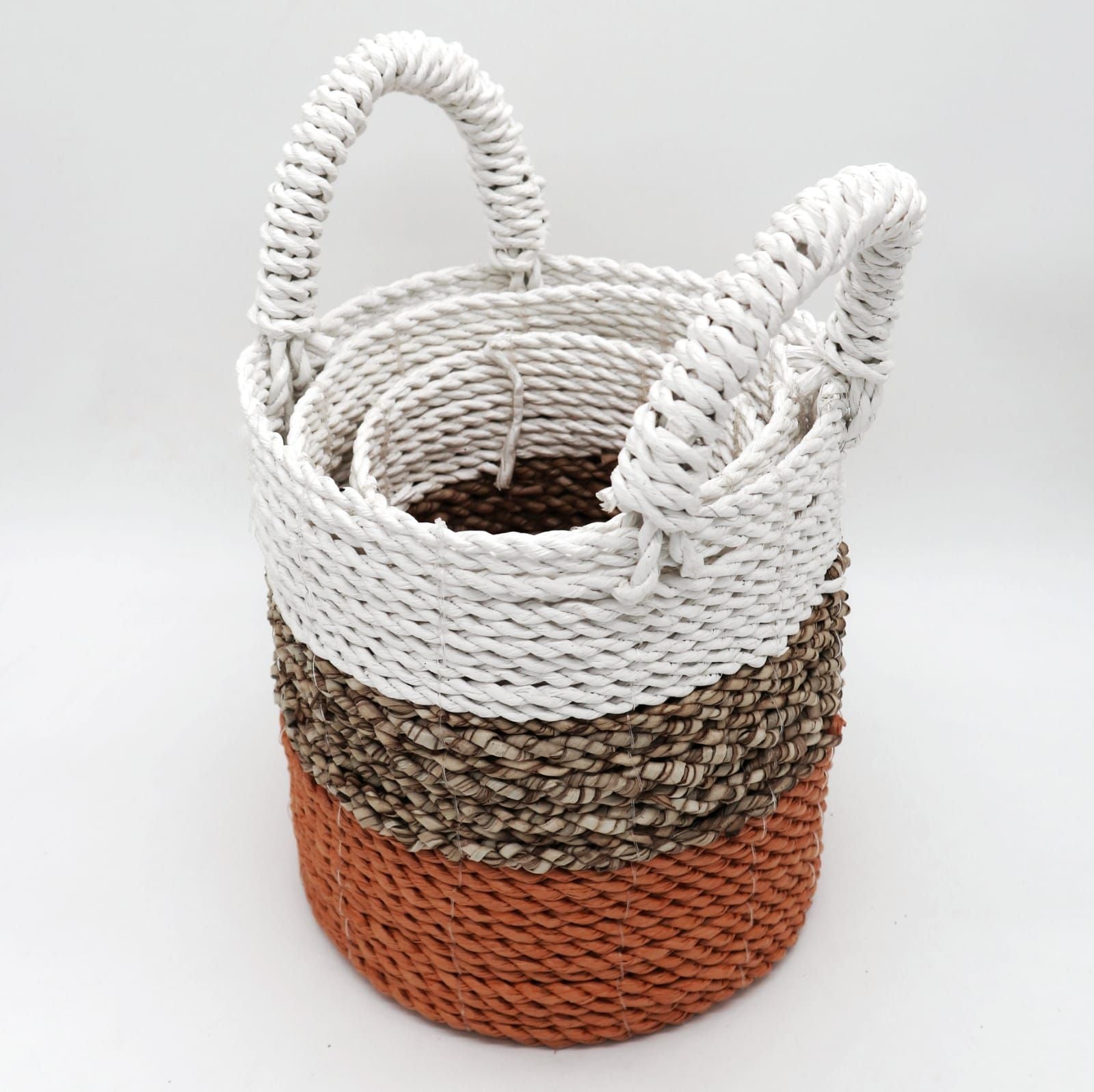 Set of 3 Round Seagrass Baskets – Orange, Natural & White – Woven Storage Baskets