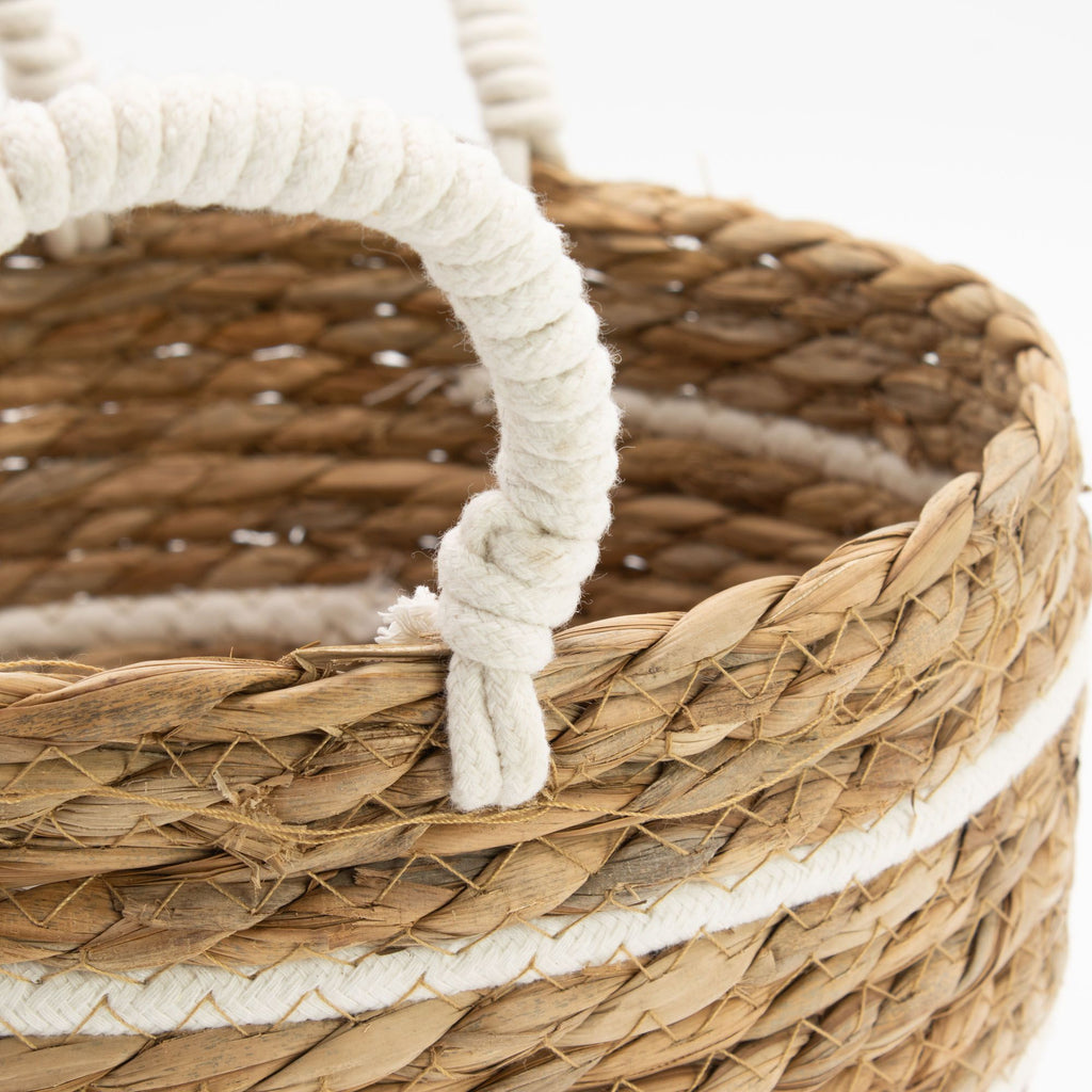 Set of 3 Large Cotton & Seagrass Baskets – Natural Stripes – Woven Storage Baskets (24-32cm)