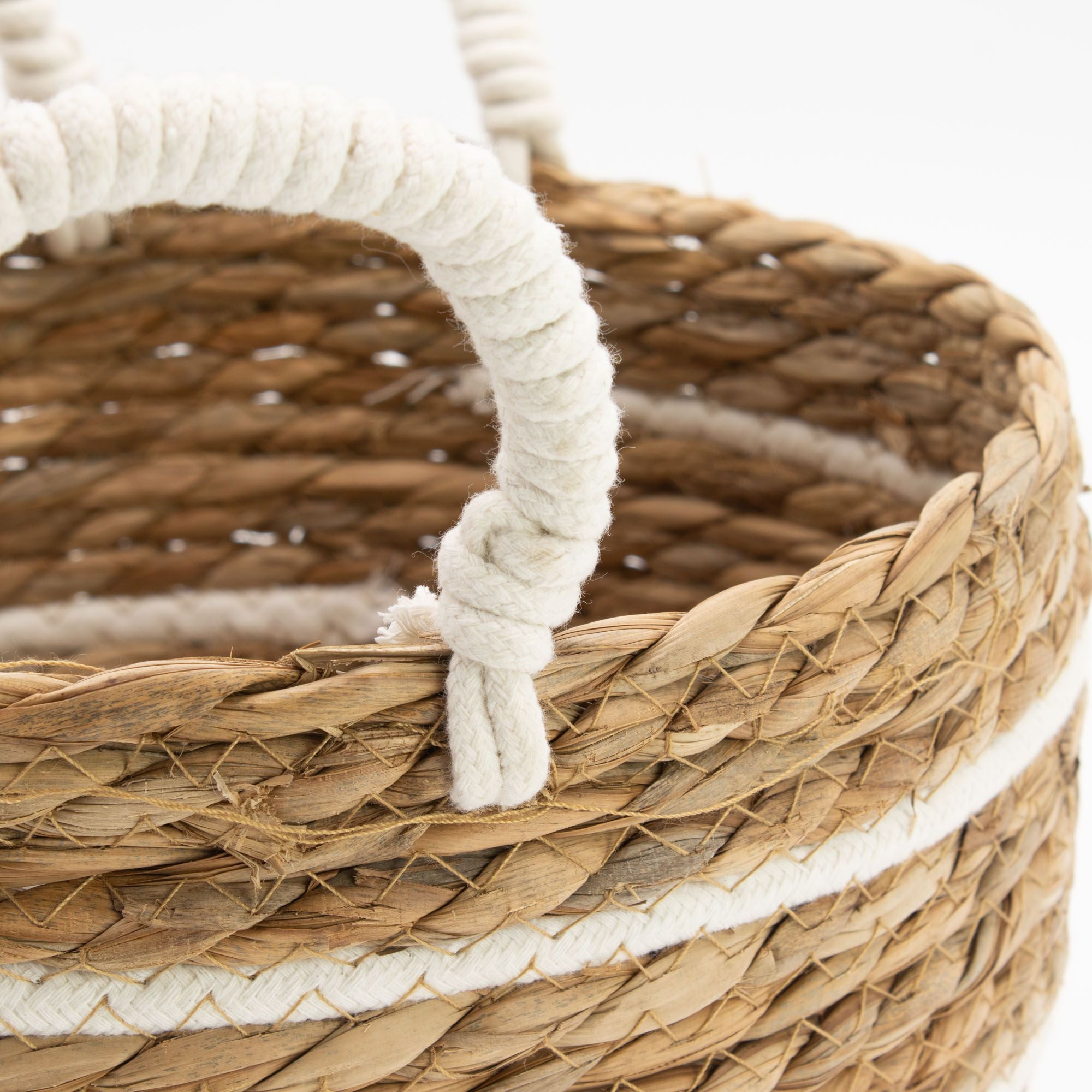 Set of 3 Large Cotton & Seagrass Baskets – Natural Stripes – Woven Storage Baskets (24-32cm)
