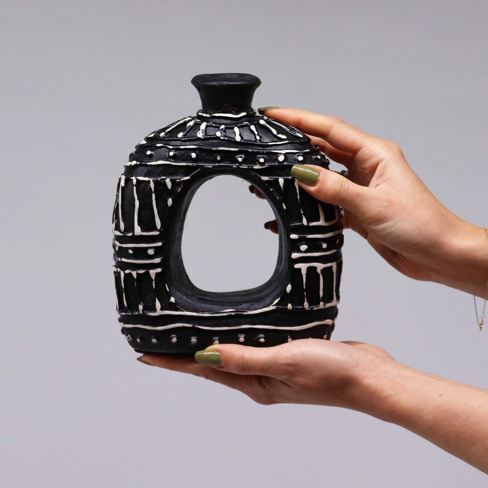 Handmade Lombok Ceramic Donut Vase – Chocolate – Indonesian Artisan Pottery UK