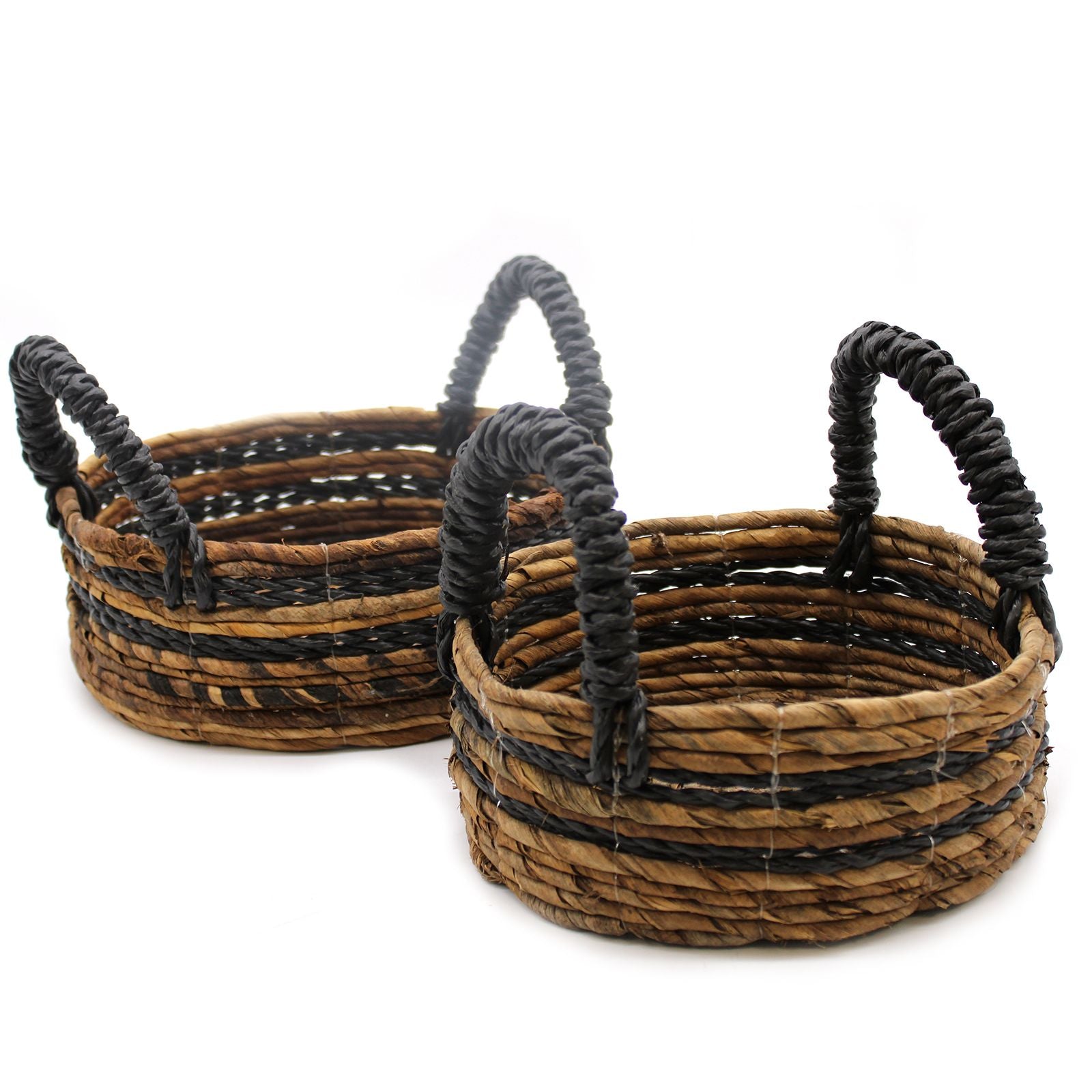 Set of 2 Round Banana Leaf & Black Raffia Baskets – Natural Woven Storage Baskets