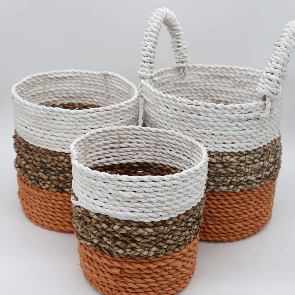 Set of 3 Round Seagrass Baskets – Orange, Natural & White – Woven Storage Baskets