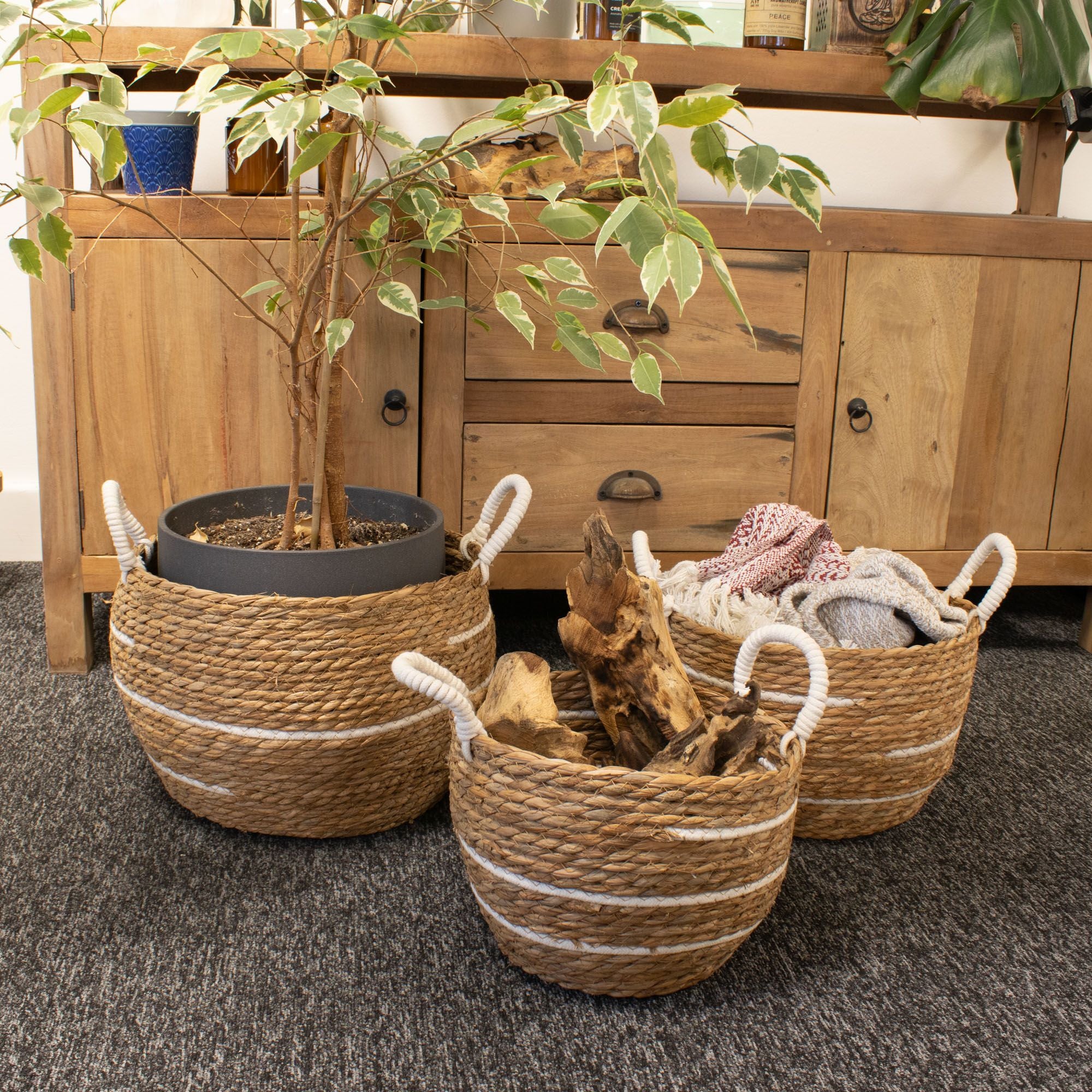 Set of 3 Large Cotton & Seagrass Baskets – Natural Stripes – Woven Storage Baskets (24-32cm)