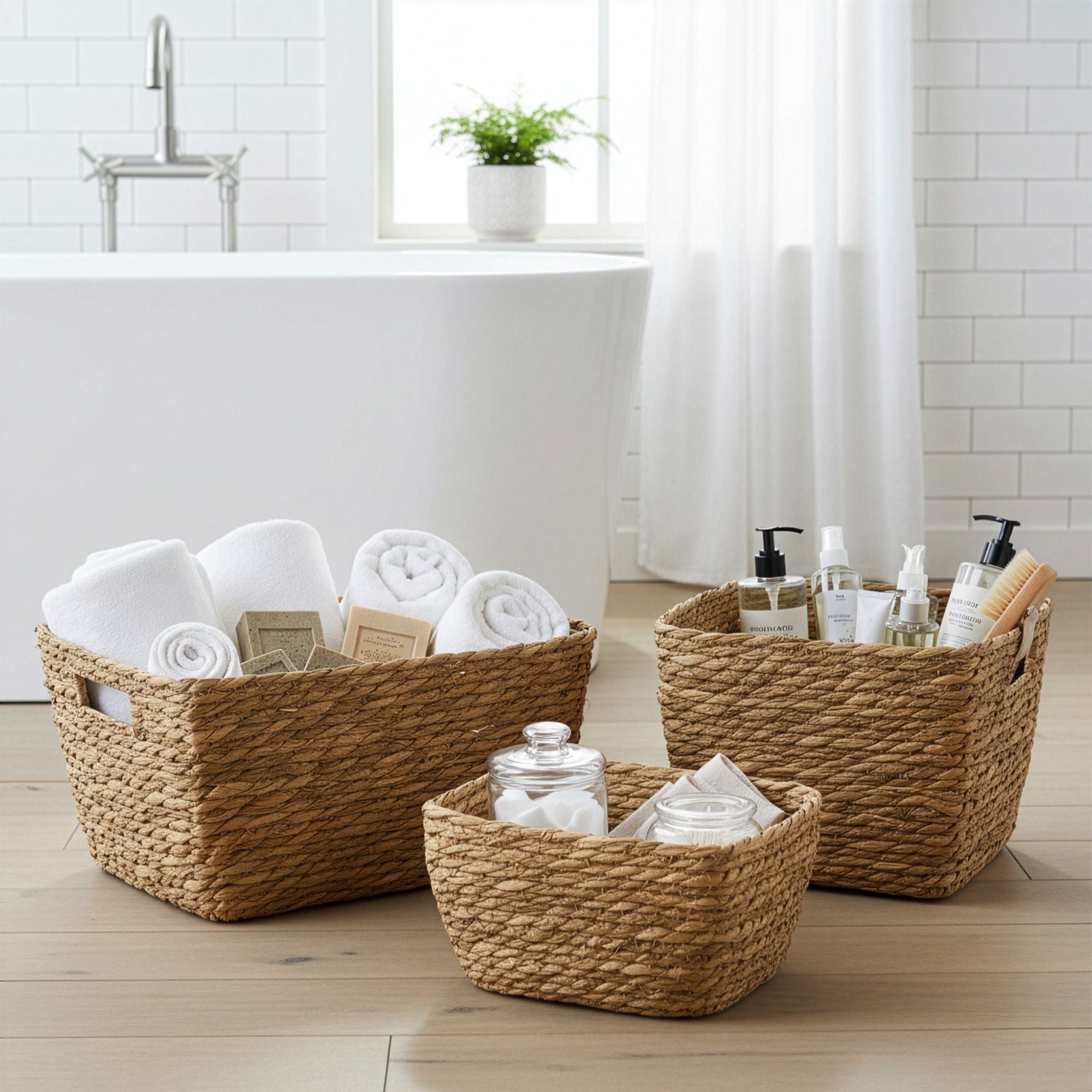 Set of 3 Square Seagrass Baskets – Natural Woven Storage Baskets – Handmade Home Organisers (20-33cm)