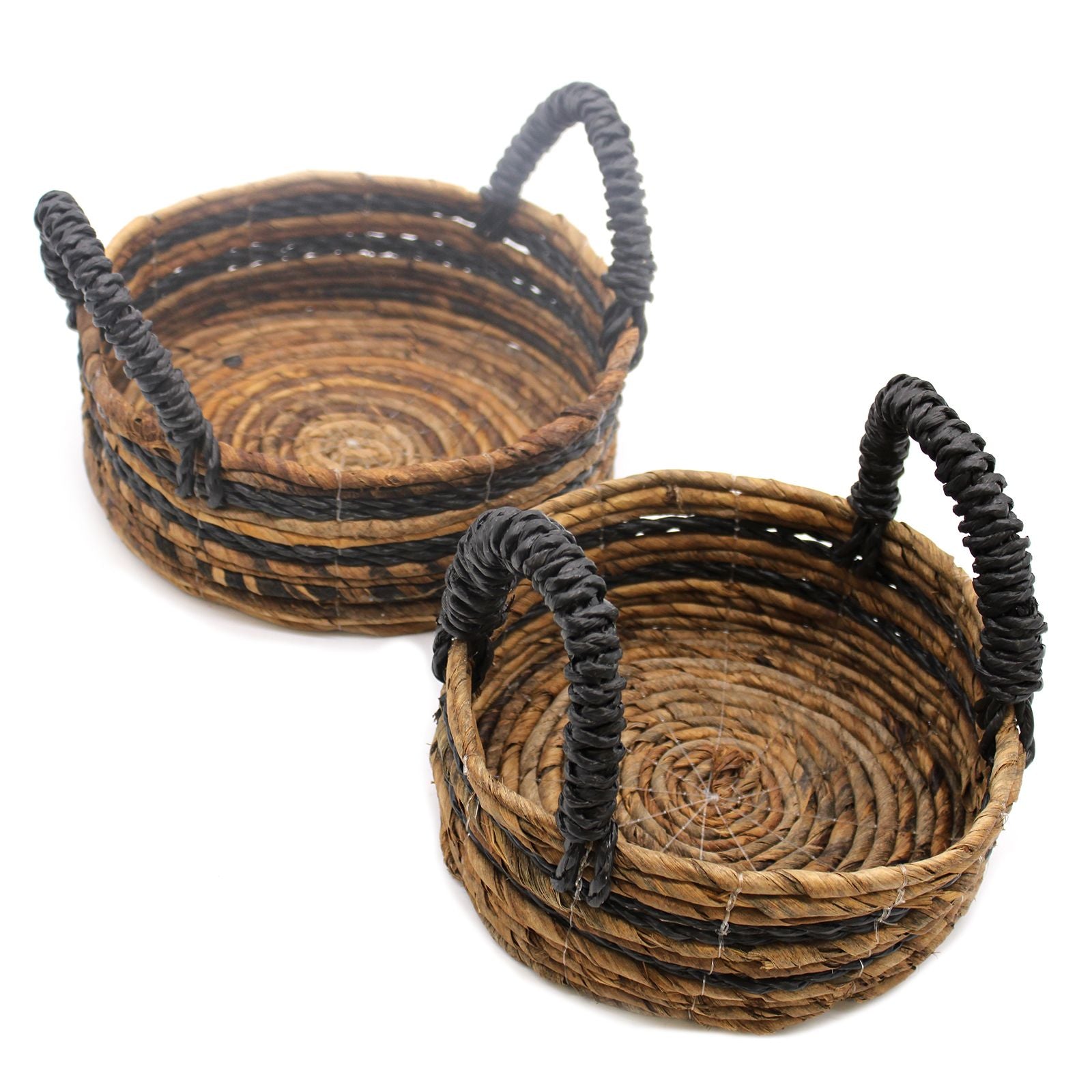 Set of 2 Round Banana Leaf & Black Raffia Baskets – Natural Woven Storage Baskets