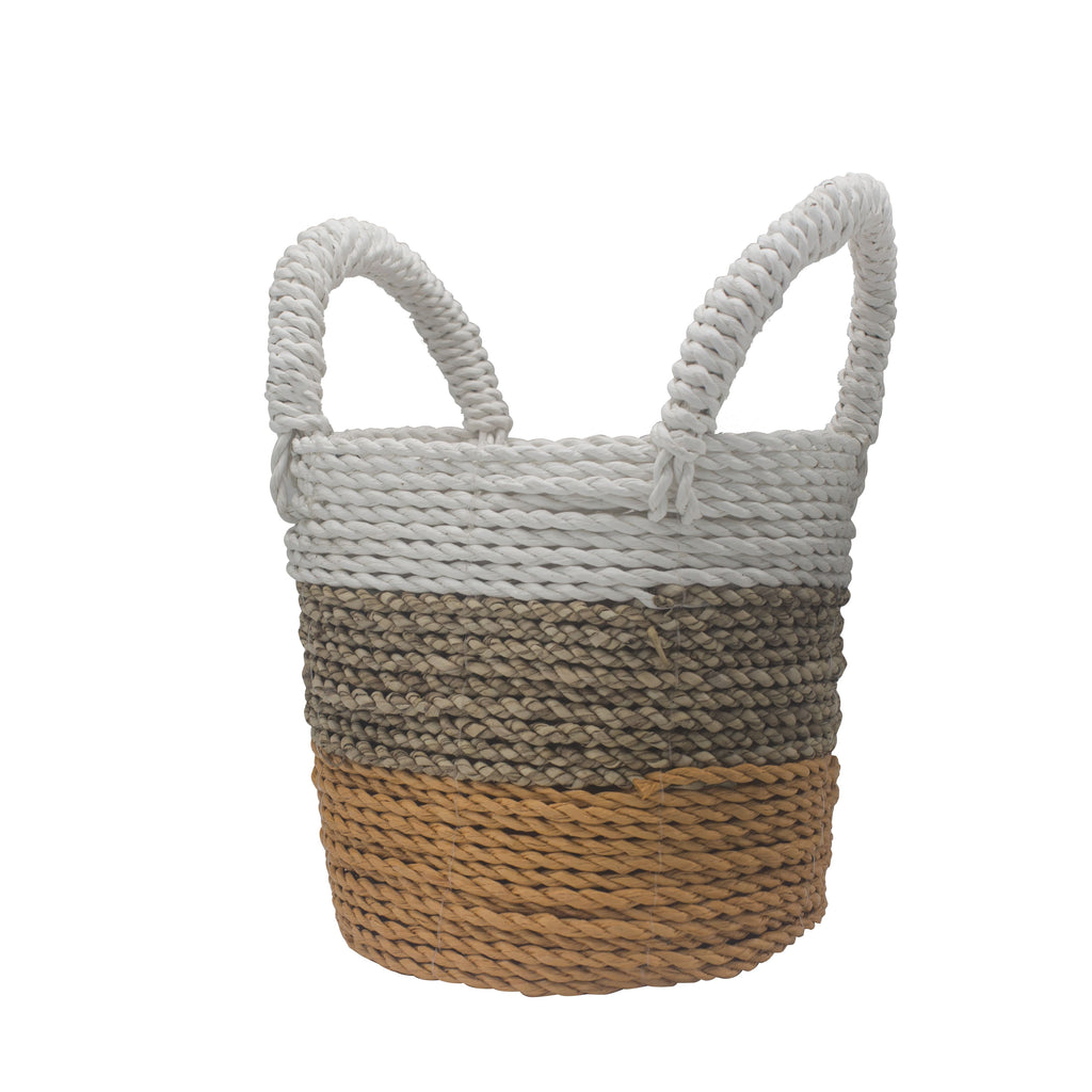 Set of 3 Round Seagrass Baskets – Orange, Natural & White – Woven Storage Baskets