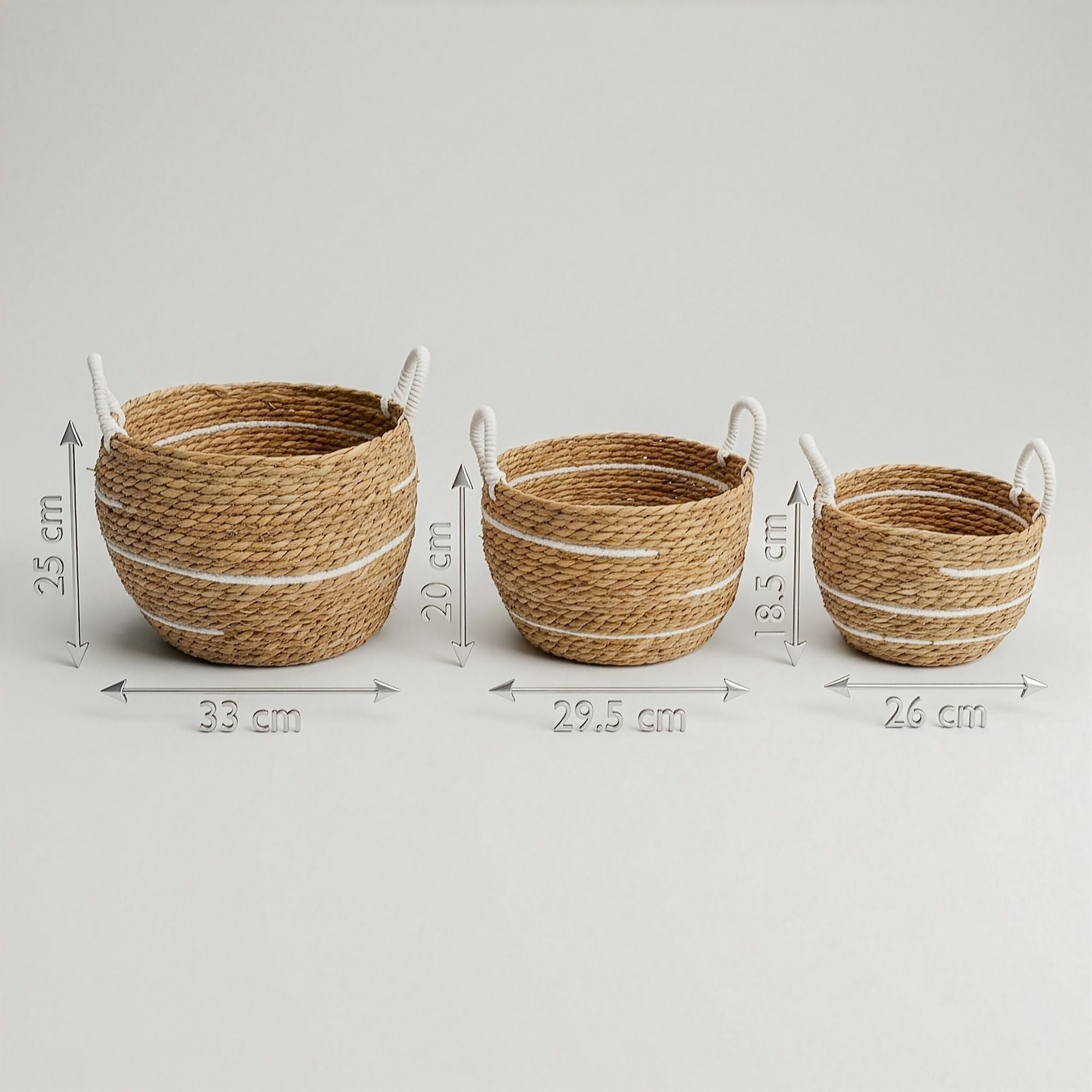 Set of 3 Large Cotton & Seagrass Baskets – Natural Stripes – Woven Storage Baskets (24-32cm)